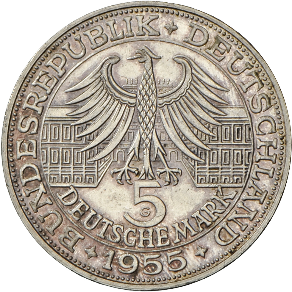 05417 Bundesrepublik Deutschland 1948-2001: 5 DM 1955 G, Markgraf Von Baden, Jaeger 390, Kl. Kratzer, Vorzüglich. - Autres & Non Classés