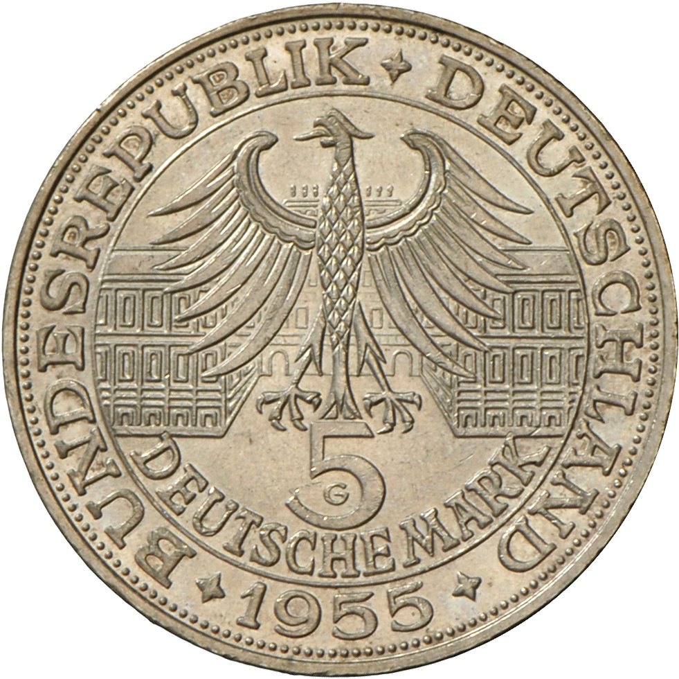 05418 Bundesrepublik Deutschland 1948-2001: 5 DM 1955 G, Markgraf Von Baden, Jaeger 390, Kratzer, Sehr Schön. - Autres & Non Classés