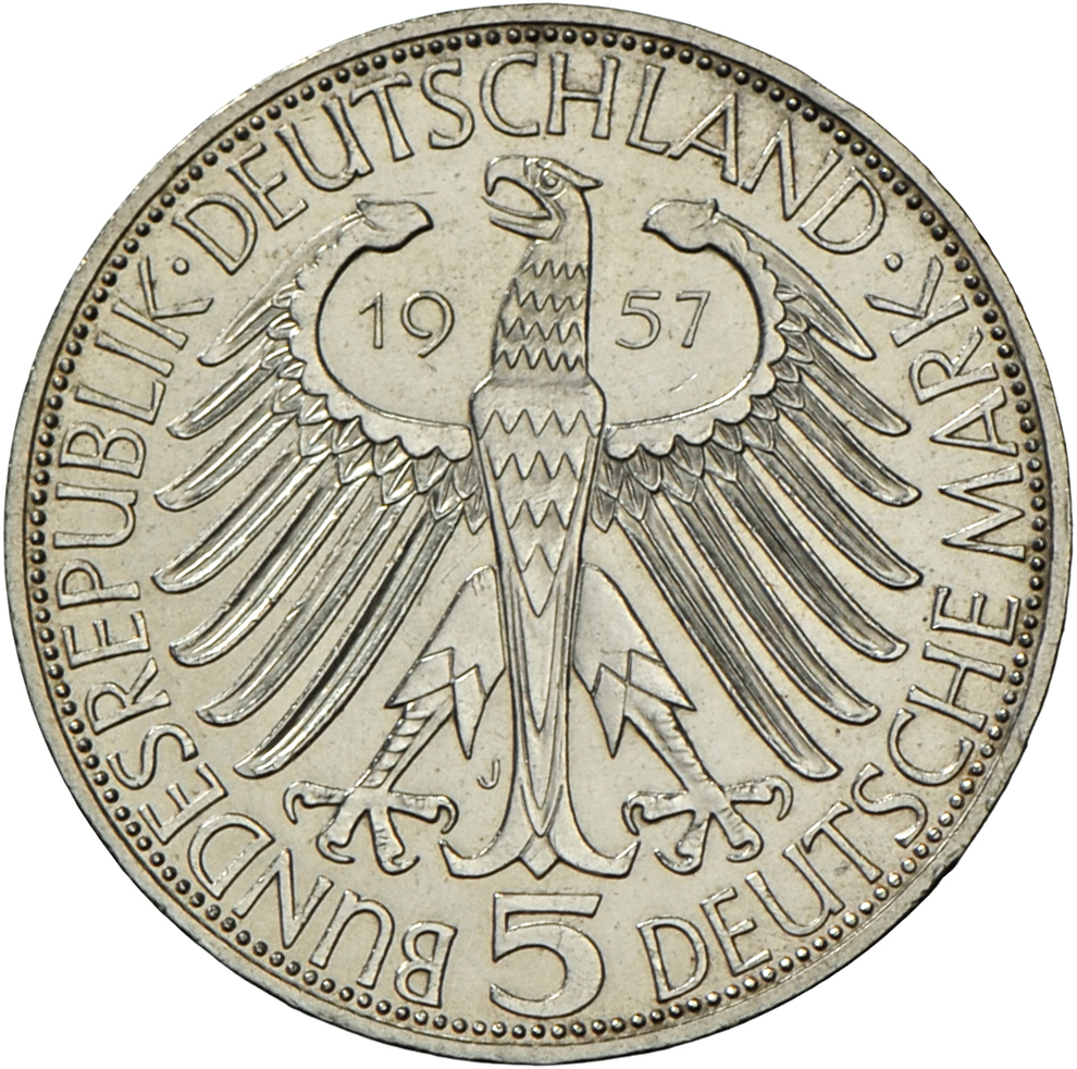05421 Bundesrepublik Deutschland 1948-2001: 5 DM 1957 J, Freiherr Von Eichendorff, Jaeger 391, Kleiner Randfehler, Sehr - Autres & Non Classés
