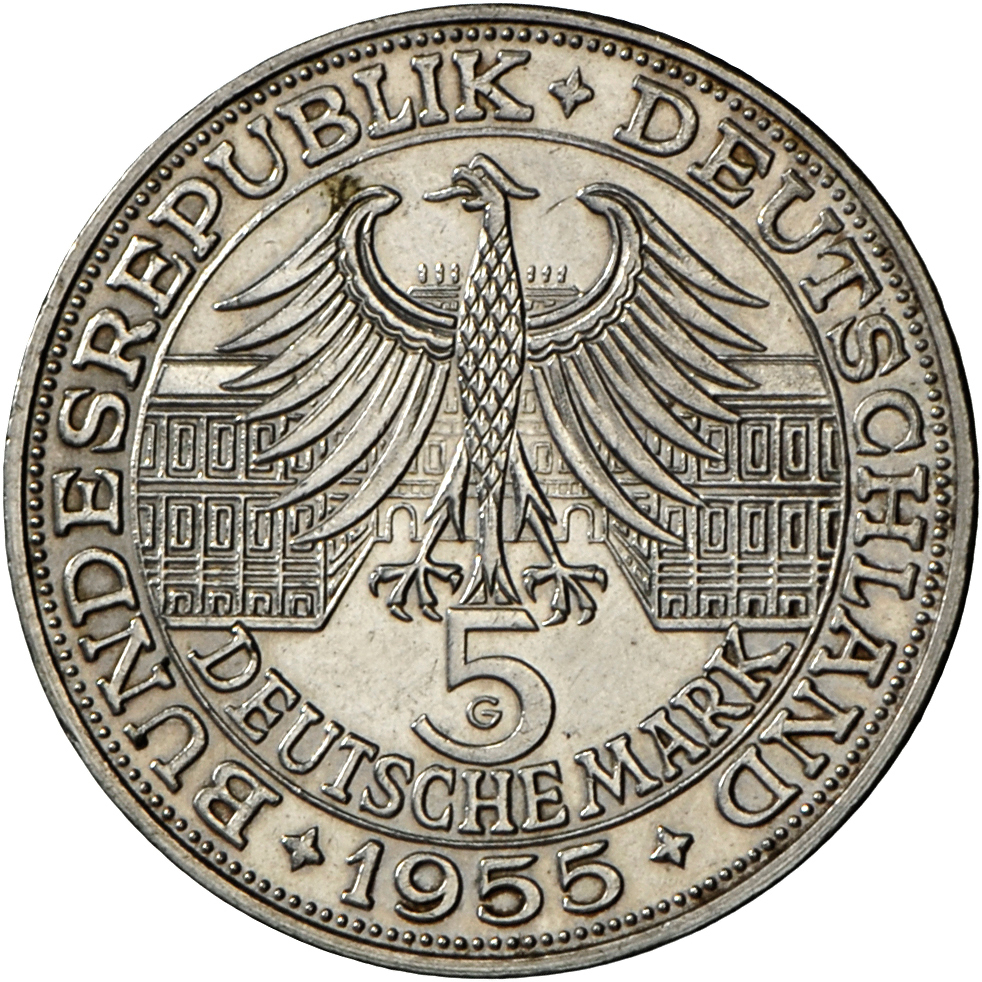 05424 Bundesrepublik Deutschland 1948-2001: 5 D-Mark 1955 G, Markgraf Von Baden, Jaeger 390, Kratzer/Druckstelle Auf Av, - Autres & Non Classés