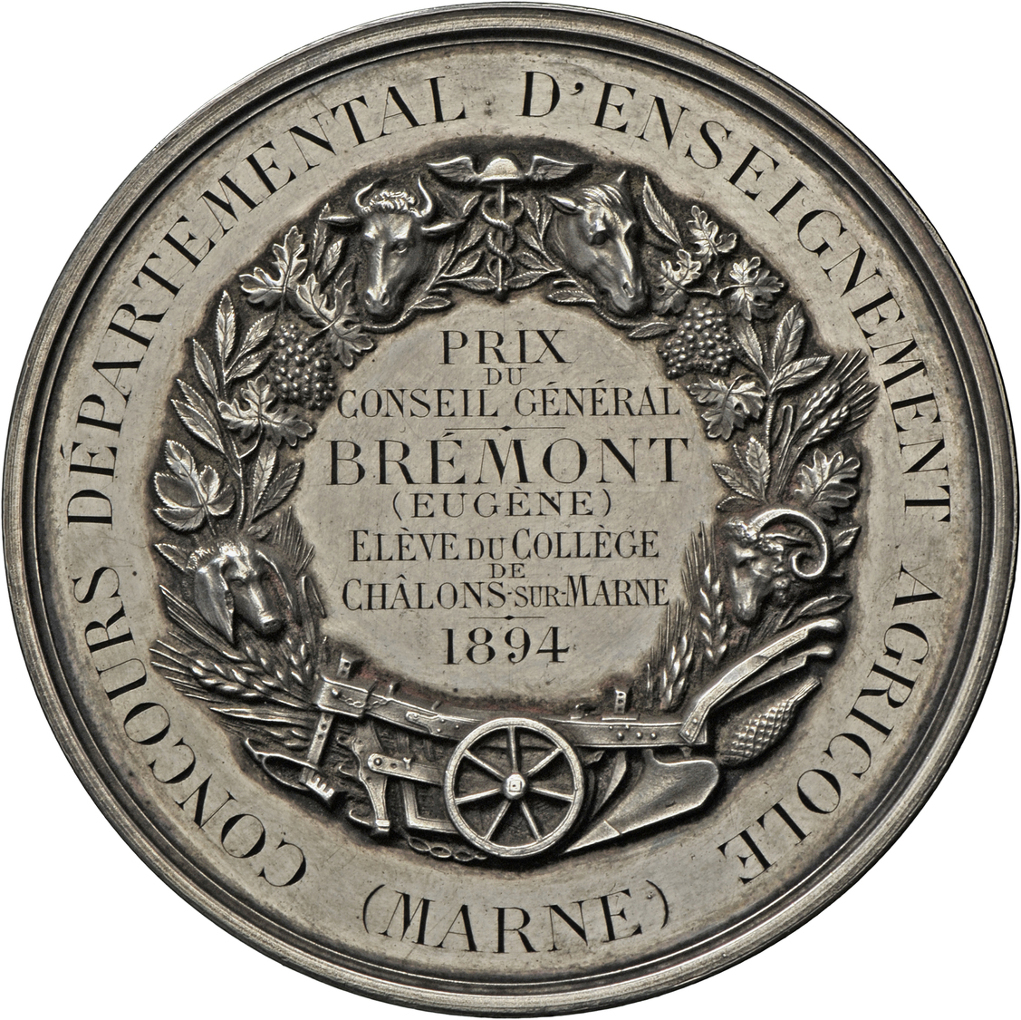 05451 Medaillen Alle Welt: Frankreich, Marne Département: Silbermedaille 1870, Stempel Von Oudine, Gravur 1894, Preismed - Non Classés
