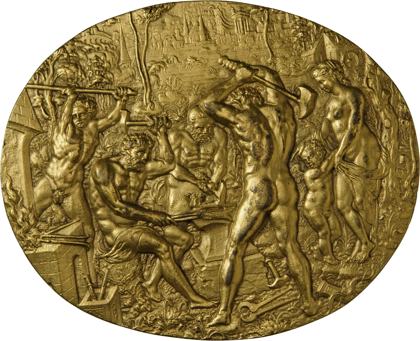 05510 Medaillen - Religion: Süddeutschland: Ovale Bronzegussmedaille, Vergoldet &bdquo;Die Schmiede Des Vulkan&ldquo;. I - Non Classés