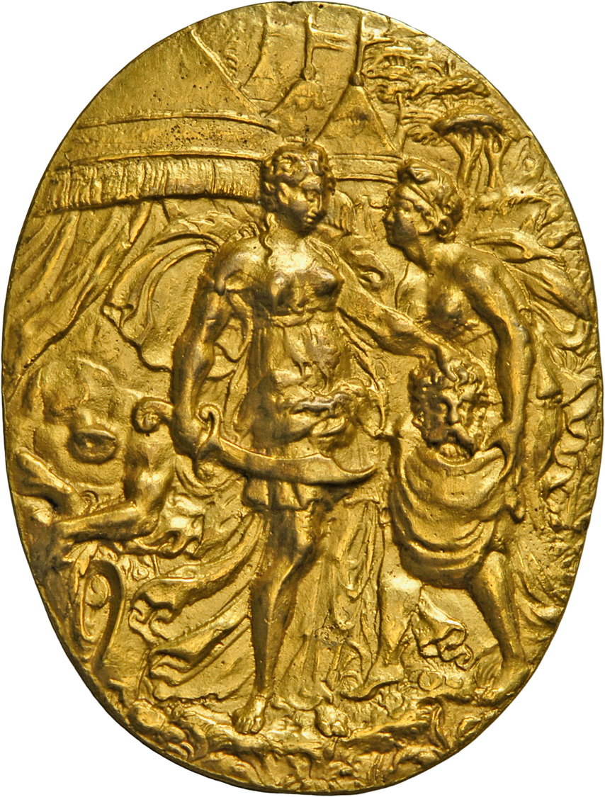 05526 Medaillen - Religion: Ovale Silbergussplakette O. J. Vergoldet, Enthauptung&ldquo; 85 X 64 Mm; 89,8 G; Sehr Schöne - Non Classés