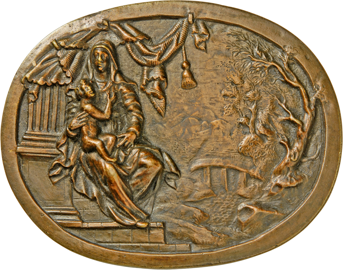 05527 Medaillen - Religion: Süddeutschland: Ovale Bronzeguss&ndash;Plakette &bdquo;Madonna Mit Kind&ldquo;, Nach Vorlage - Non Classés