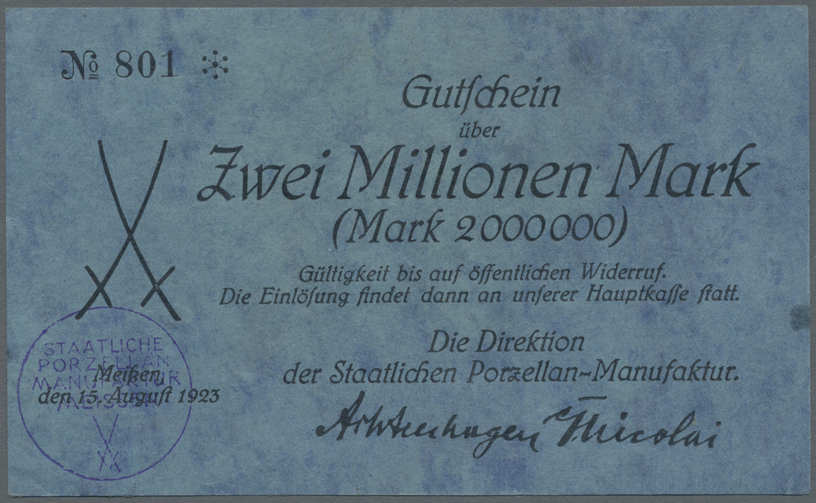 05790 Weimarer Republik: Staatliche Porzellan-Manufaktur Meissen: Lot 2 Stück; Gutschein über 2 Millionen Mark, 15.08.19 - Autres & Non Classés