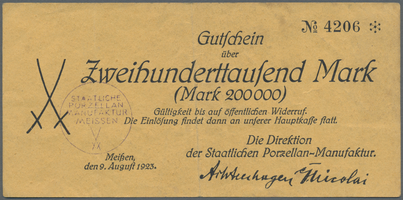 05790 Weimarer Republik: Staatliche Porzellan-Manufaktur Meissen: Lot 2 Stück; Gutschein über 2 Millionen Mark, 15.08.19 - Autres & Non Classés
