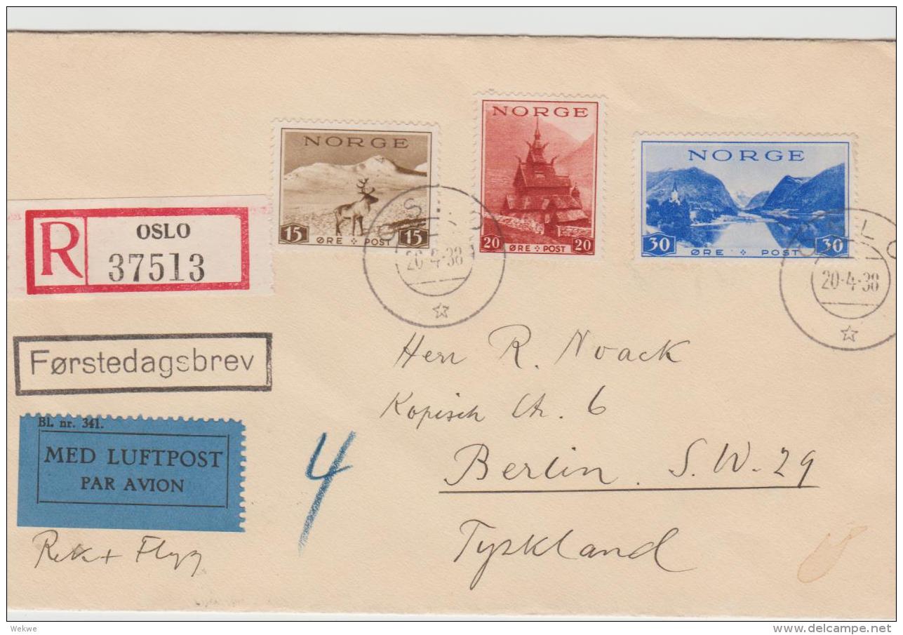 Nor169 / Fremdenverkehr 1938 Auf Gelaufenem FDC, Ludtpost-Einschreiben, Ex Oslo Nach Berlin - Storia Postale