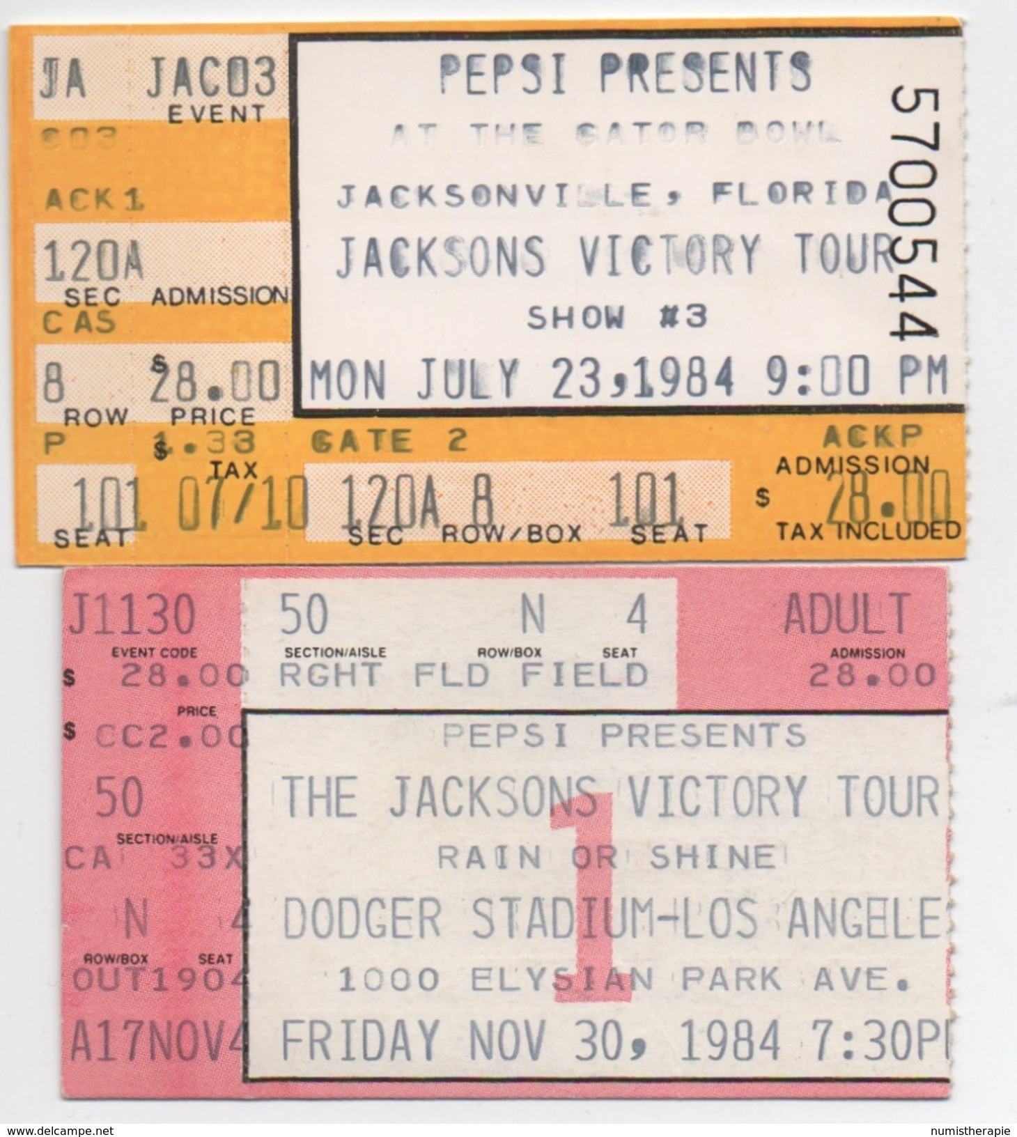 Lot De 2 Tickets De Concerts : Michael Jackson : Jacksons Victory Tour 1984 : Jacksonville FL & Los Angeles CA - Non Classés
