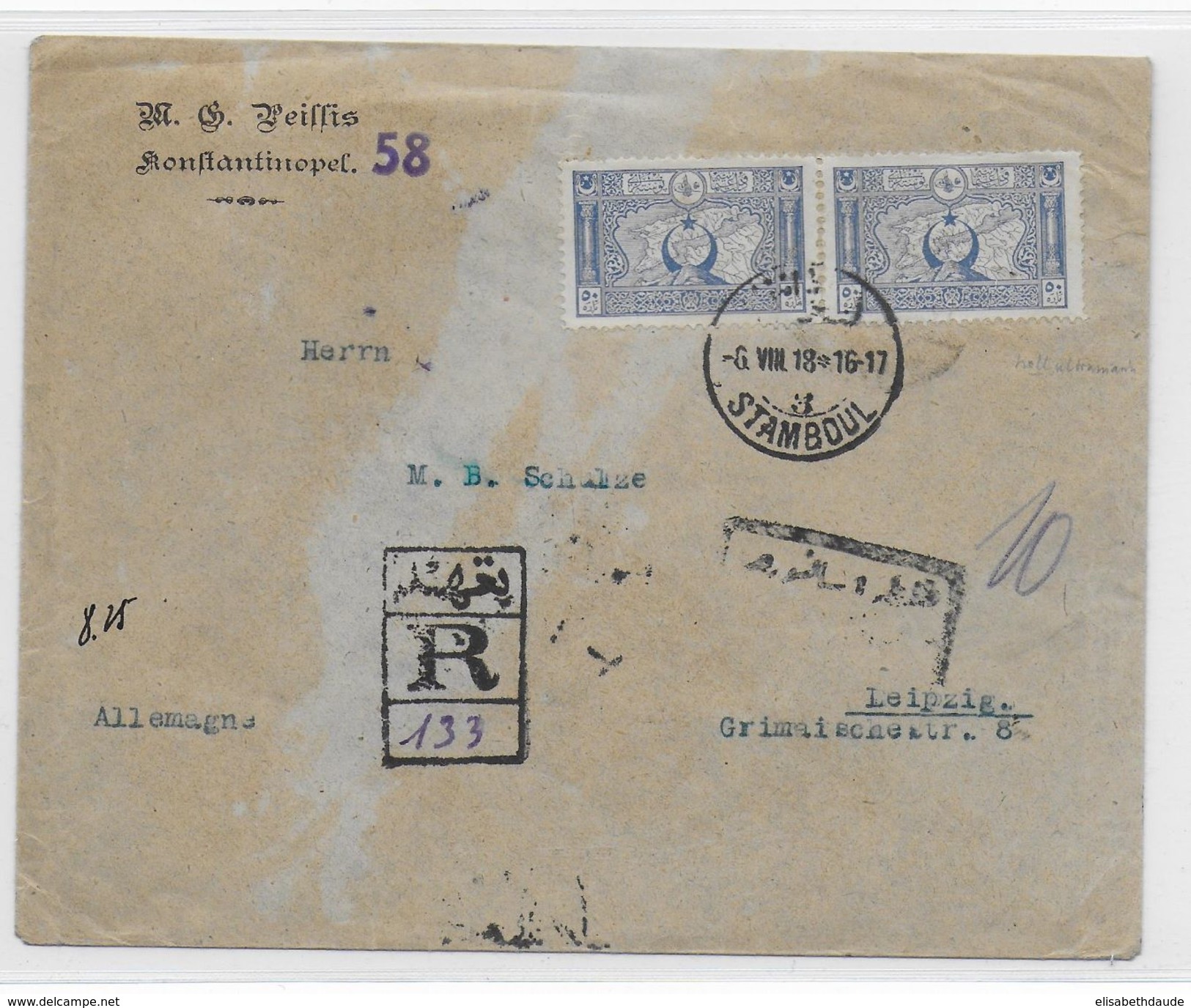 TURQUIE - 1918 - ENVELOPPE RECOMMANDEE Avec CENSURE (VOIR DOS) De STAMBOUL => LEIPZIG (GERMANY) - Lettres & Documents