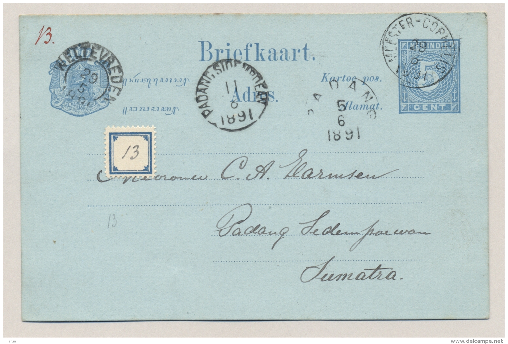 Nederlands Indië - 1891 - 5 Cent Briefkaart Met KR MEESTER CORNELIS, PADANG, WELTEVREDEN Naar KR PADANG SIDEMPOEAN - Nederlands-Indië