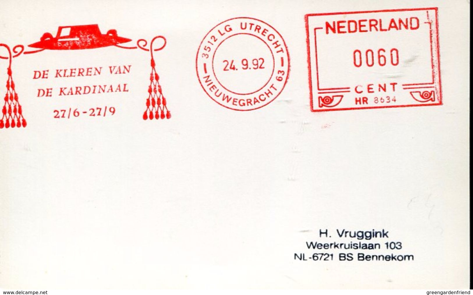 25270  Nederland  Red Meter/freistempel/ema/ 1992 Utrecht, De Kardinal - Cristianesimo