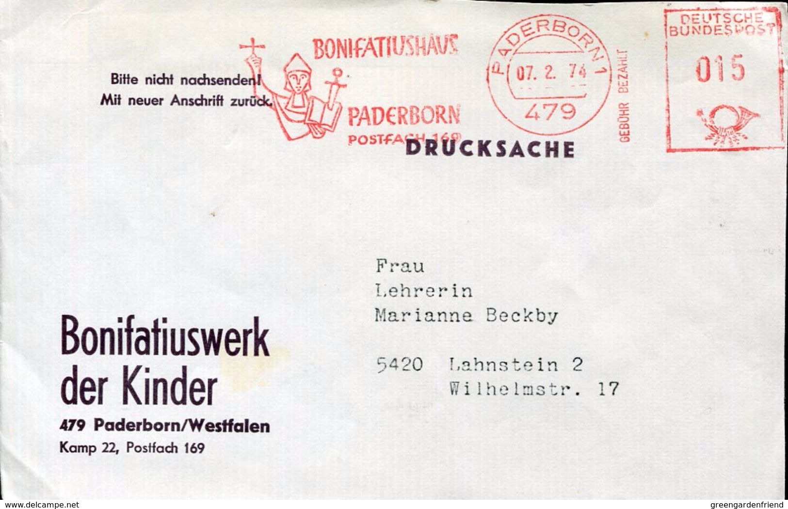 25278 Germany . Red Meter/freistempel/ema/ 1974 Paderborn Bonifatiushaus, Paderborn, Circuled Cover - Cristianesimo