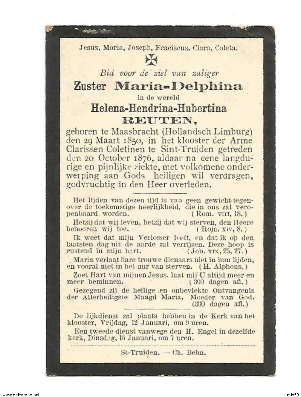 Z 163. Zuster MARIA-DELPHINA ( H. REUTEN)  - °MAASBRACHT (HOLL.LIMBURG) 1850 / Arme Clarissen Collectine ST-TRUIDEN1876. - Images Religieuses