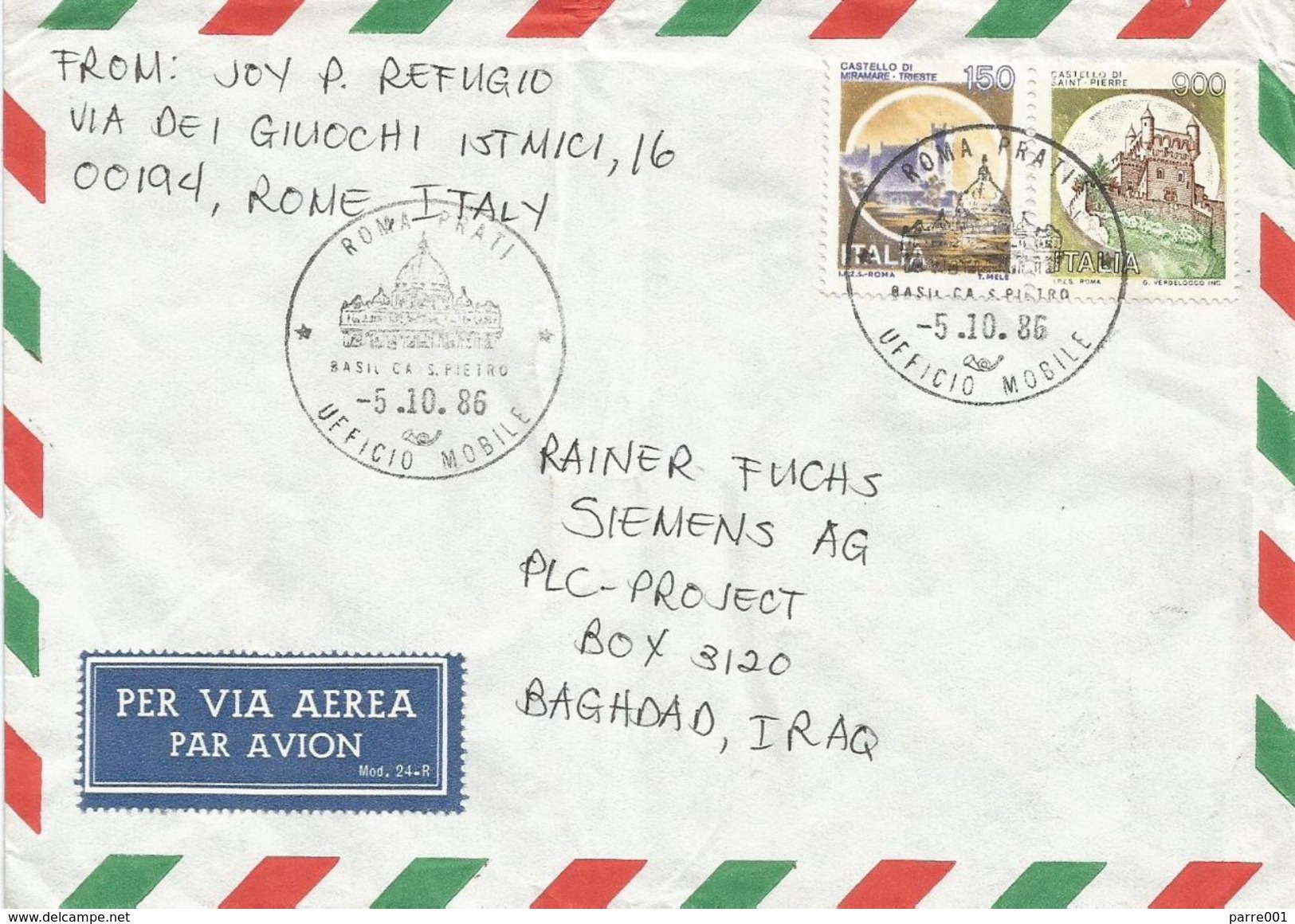 Italia 1986 Roma Prati Ufficio Mobile Basilica S. Pietro Cover To Iraq - 1981-90: Marcofilie