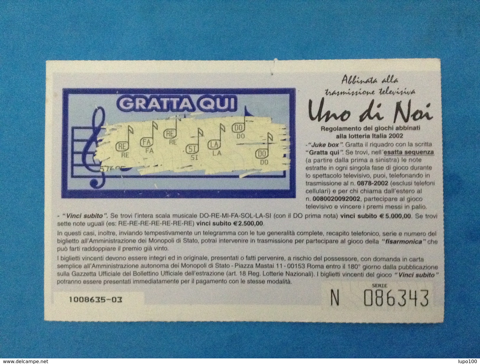 CARTOLINA LOTTERIA ITALIA ANNO 2002 UNO DI NOI - Billets De Loterie