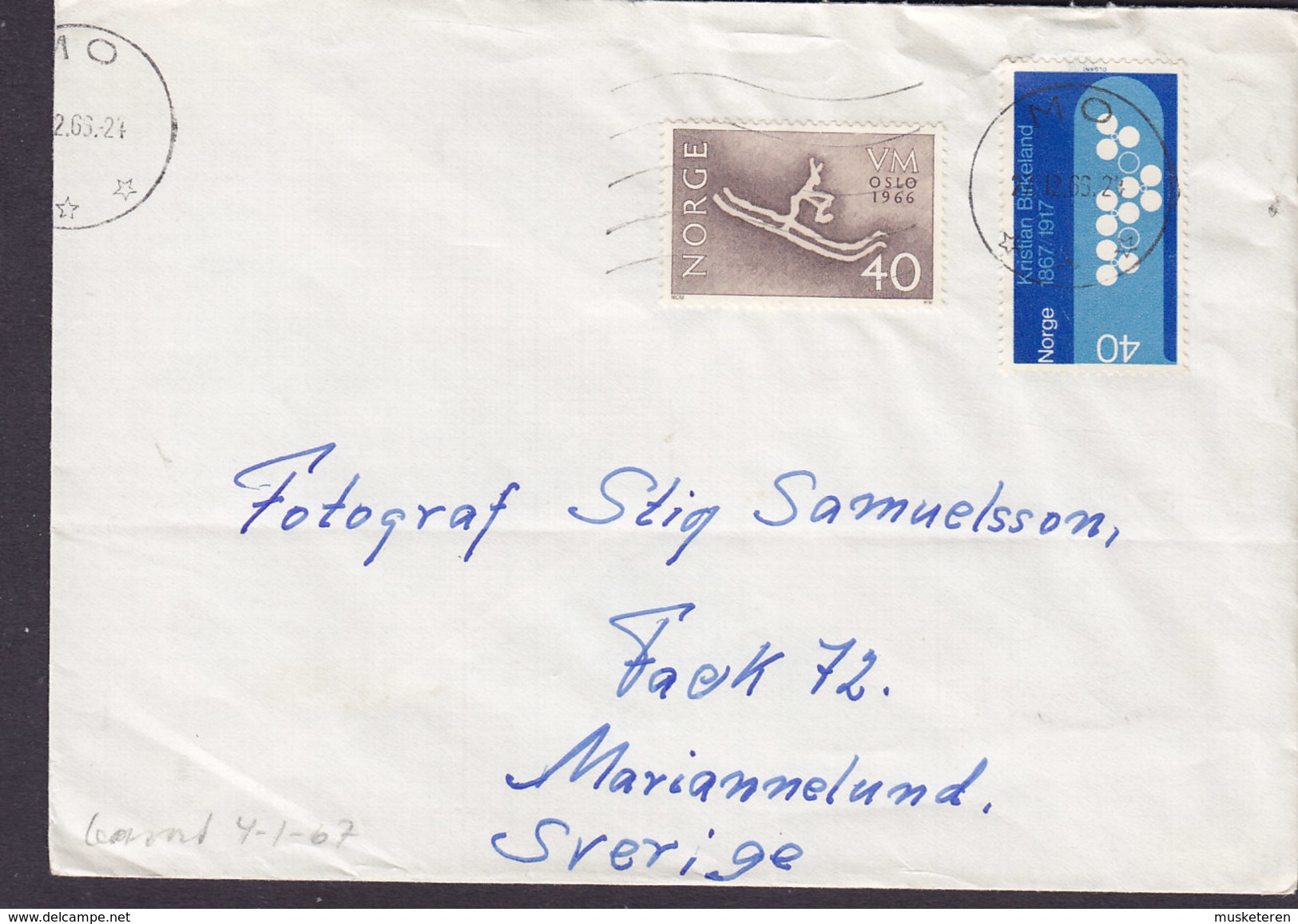 Norway MO 1966 Cover Brief MARIANNELUND Sweden Skiing VM & Kristian Birkeland Stamps - Briefe U. Dokumente