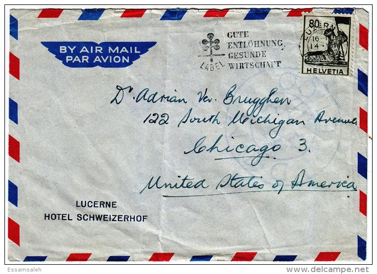 CHCV001 Switzerland 1960 P.T.P.O. Hotel Schweizerhof Airmail Cover W/ Slogan Addressed USA - Covers & Documents