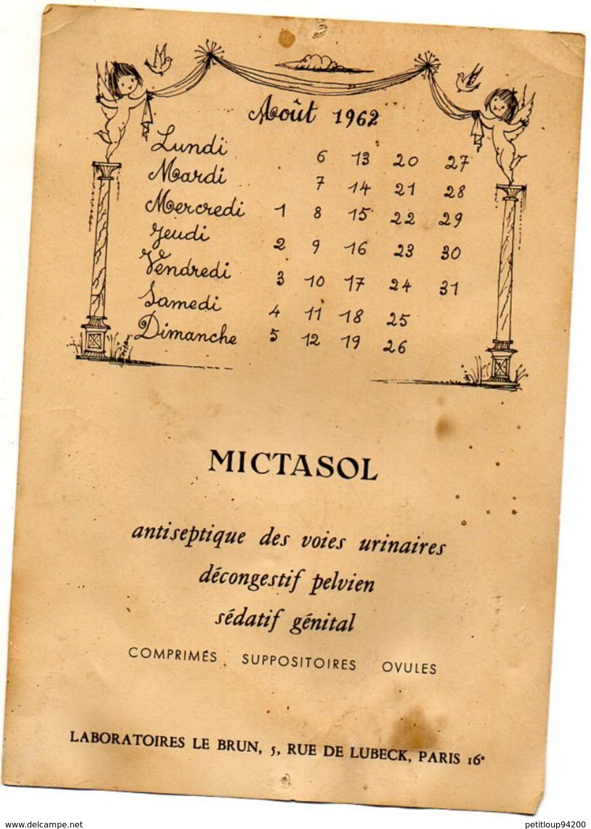 CALENDRIER  LABORATOIRES LEBRUN Mictasol  LES AMOUREUX DE PEYNET Aout 1962 - Petit Format : 1961-70