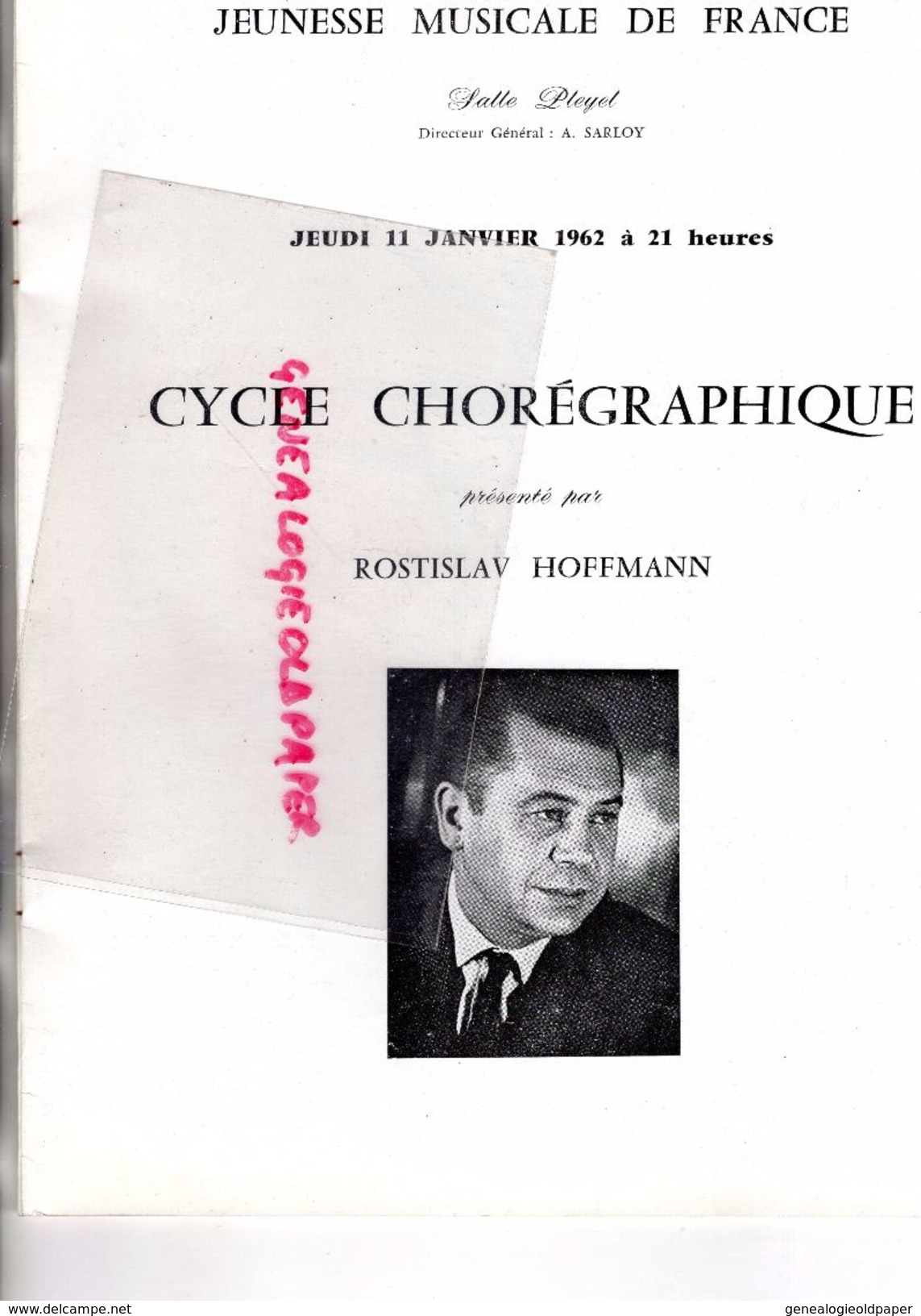75- PARIS- PROGRAMME SALLE PLEYEL-11-1-1962- CYCLE CHOREGRAPHIQUE-ROSTISLAV HOFFMAN-MILORAD MISKOVITCH-DEBUSSY-LIDOVA