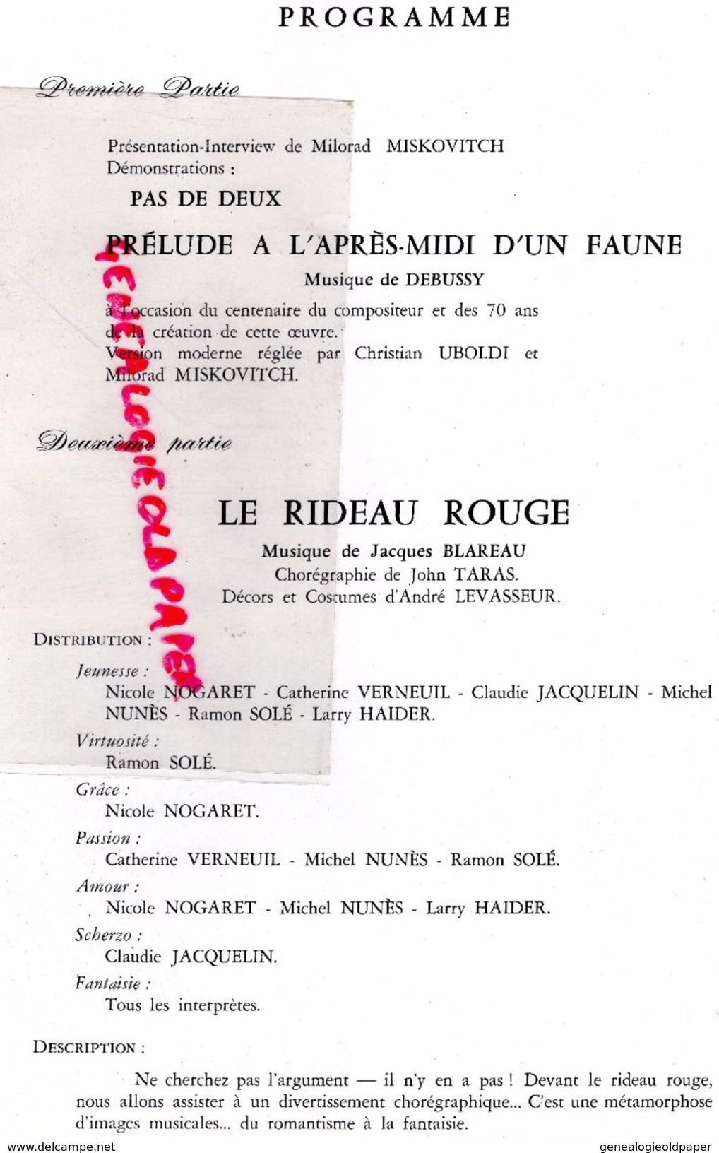 75- PARIS- PROGRAMME SALLE PLEYEL-11-1-1962- CYCLE CHOREGRAPHIQUE-ROSTISLAV HOFFMAN-MILORAD MISKOVITCH-DEBUSSY-LIDOVA