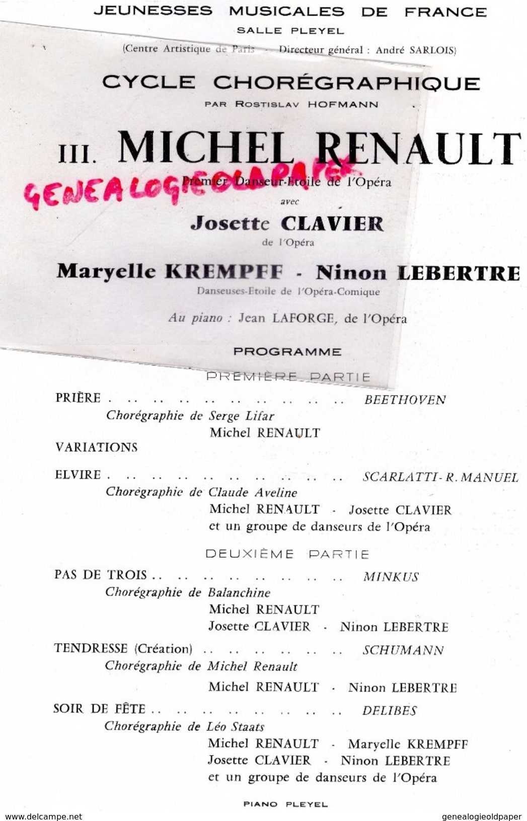 75- PARIS- PROGRAMME SALLE PLEYEL- 14-3-1961-CYCLE CHOREGRAPHIQUE DANSE-ROSTILAV HOFFMANN-MICHEL RENAULT-JOSETTE CLAVIER