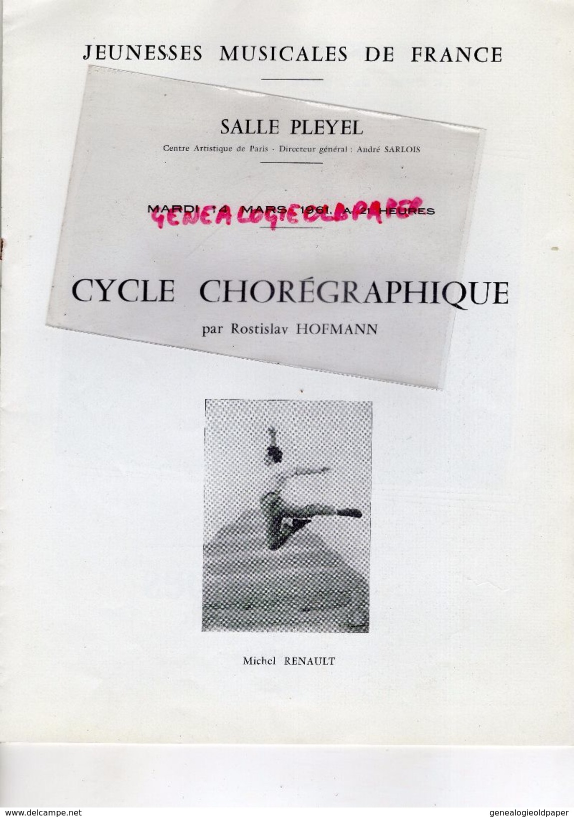 75- PARIS- PROGRAMME SALLE PLEYEL- 14-3-1961-CYCLE CHOREGRAPHIQUE DANSE-ROSTILAV HOFFMANN-MICHEL RENAULT-JOSETTE CLAVIER
