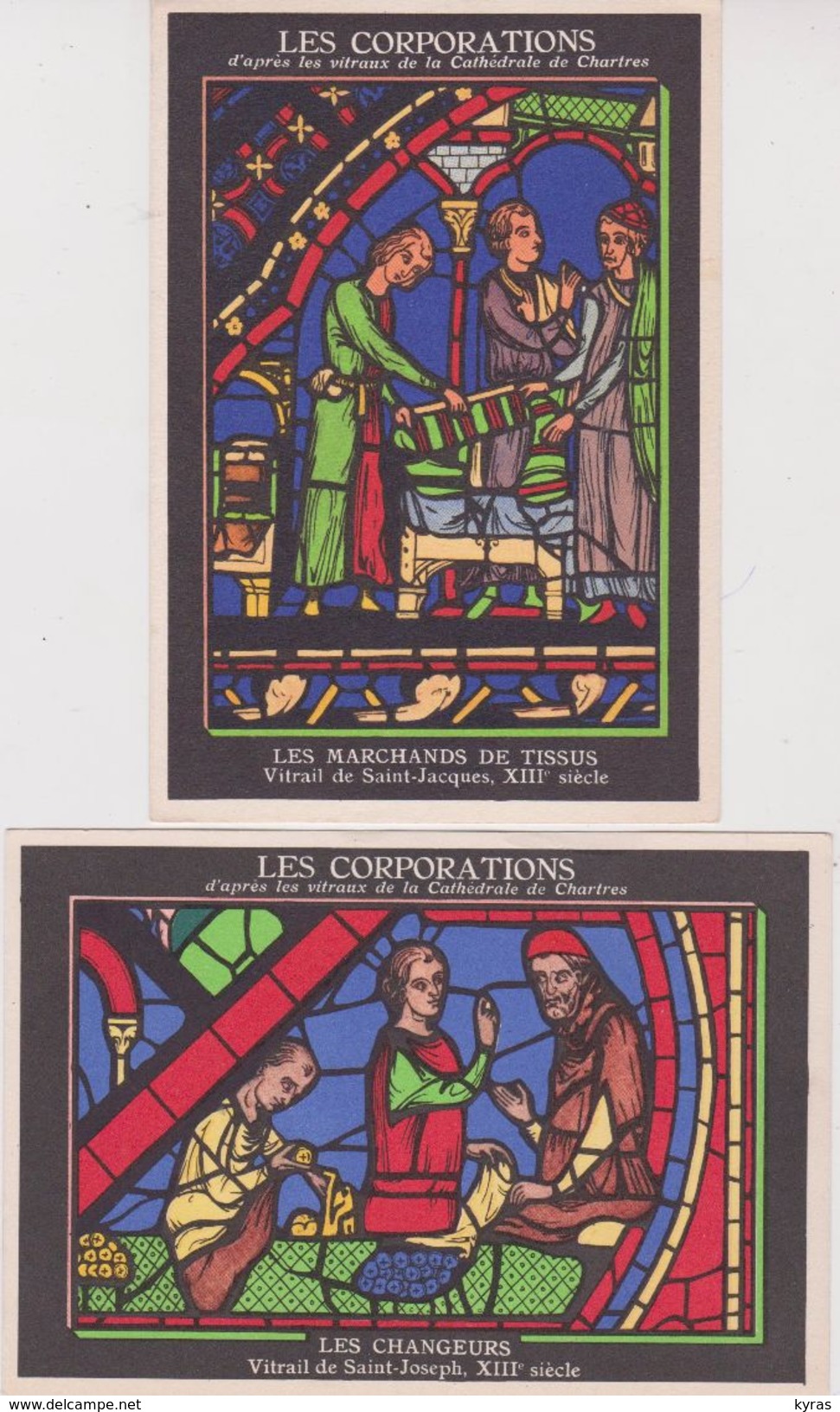 JUDAICA . Lot 2 Cpsm 9x14 . Vitraux Cath. Chartres "Les Corporations": LES CHANGEURS & LES MARCHANDS DE TISSUS - Judaisme