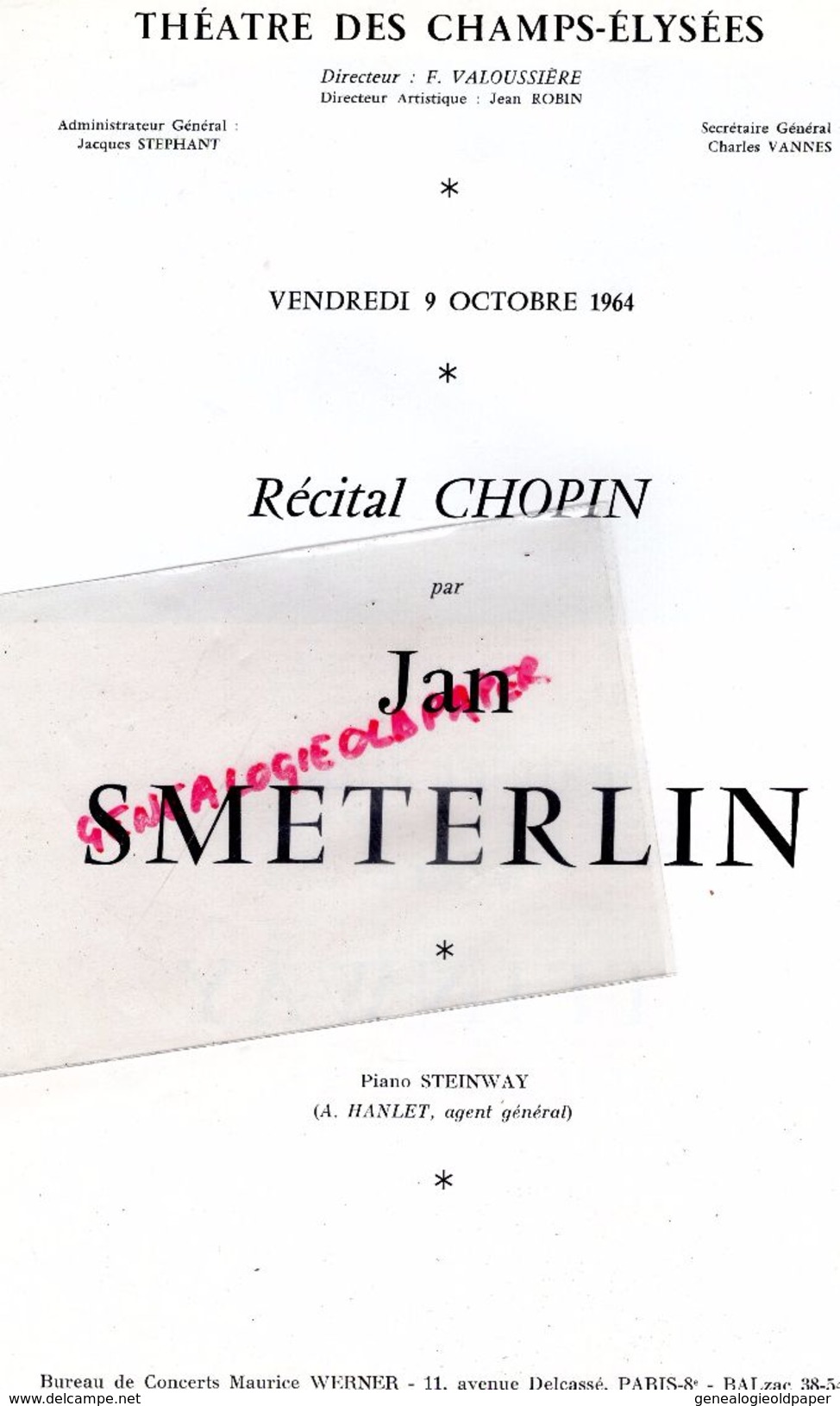 75- PARIS-PROGRAMME THEATRE CHAMPS ELYSEES-9-10-1964-RECITAL CHOPIN -JAN SMETERLINPIANO STEINWAY-SABENA BELGIAN AIRLINES - Programme