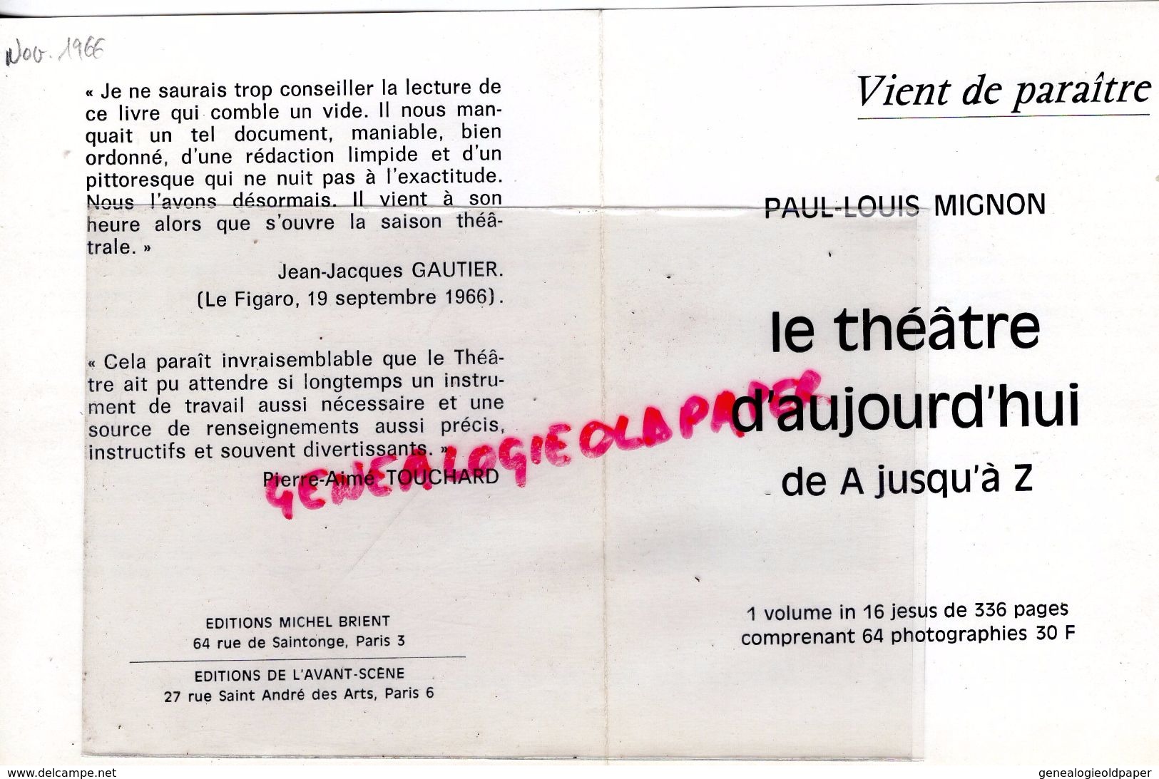 78 -LE VESINET-PUBLICITE PARUTION  PAUL LOUIS MIGNON -LE THEATRE D' AUJOURD'HUI DE A A Z- NOVEMBRE 1966-MICHEL BRIENT - Reclame