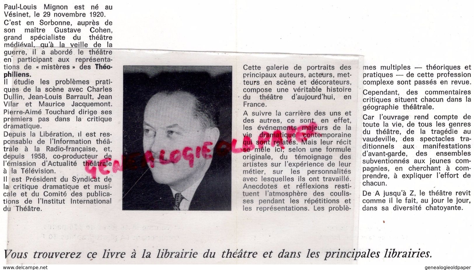 78 -LE VESINET-PUBLICITE PARUTION  PAUL LOUIS MIGNON -LE THEATRE D' AUJOURD'HUI DE A A Z- NOVEMBRE 1966-MICHEL BRIENT - Werbung