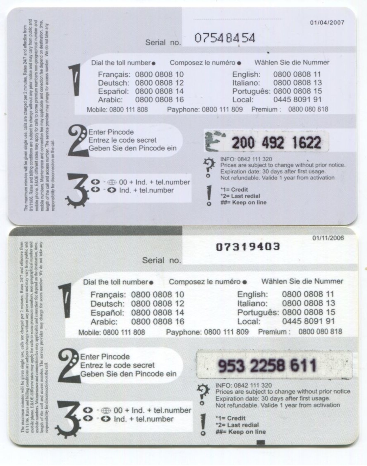 1674 - Service Clientele 7/7 2 X 10 CHF Prepaid Telefonkarten - Suisse