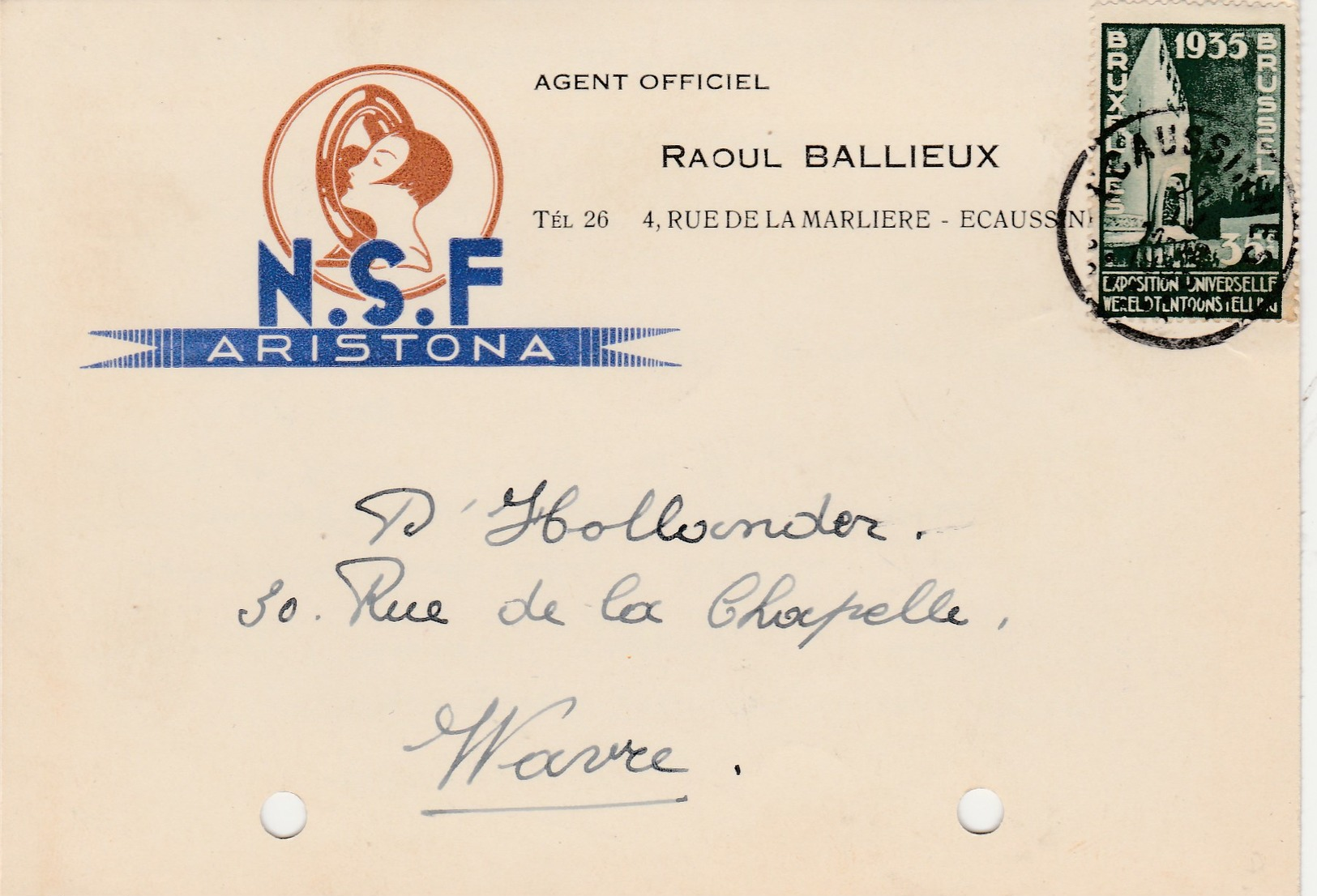 ECAUSSINNES ,carte Publicité ,N.S.F. Aristona,agent Officiel ,RAOUL BALLIEUX - Ecaussinnes