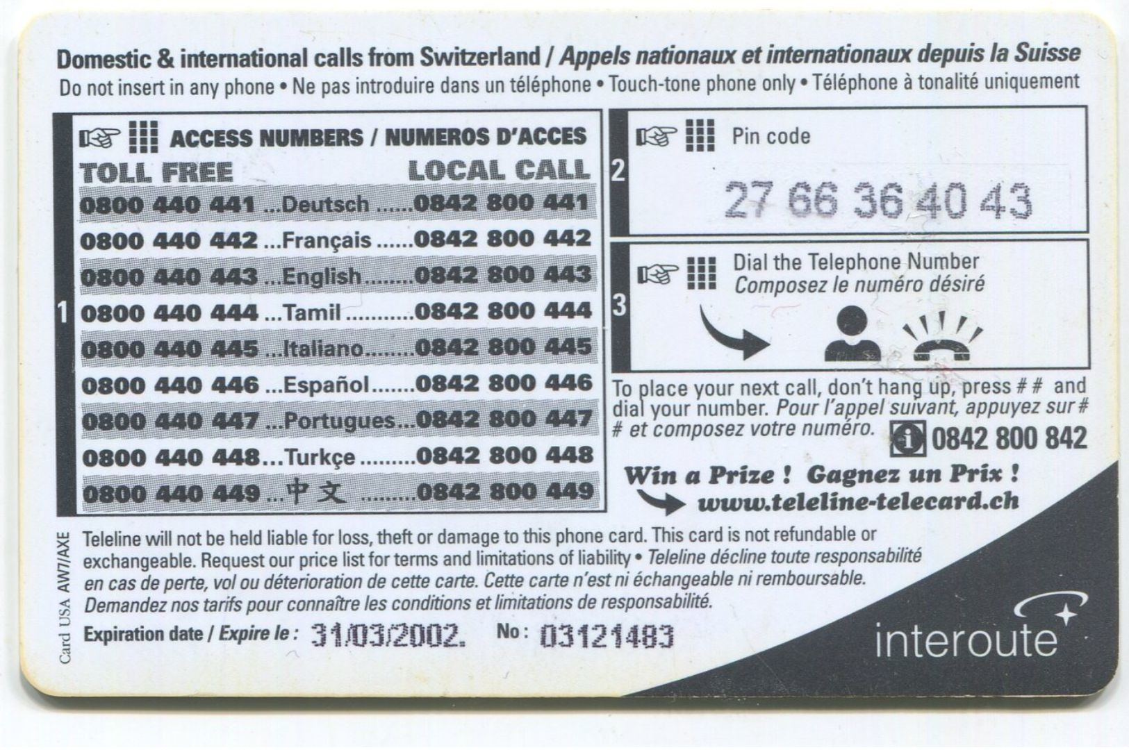 1696 - Teleline Fiesta CHF 10.- Prepaid Telefonkarte - Suiza