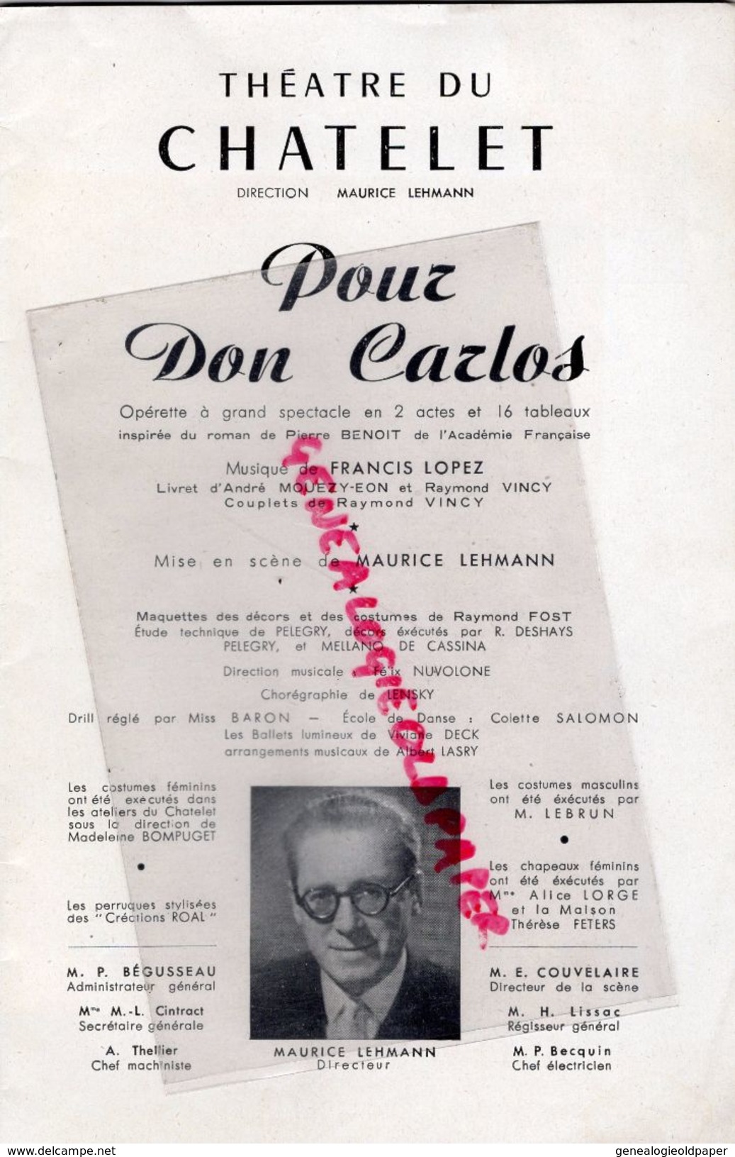 75- PARIS- PROGRAMME THEATRE CHATELET- LEHMANN- DON CARLOS- 1951-LOPEZ- GUETHARY-FERNAND SARDOU-MAARYELLE KREMPF-OPERA - Programmes