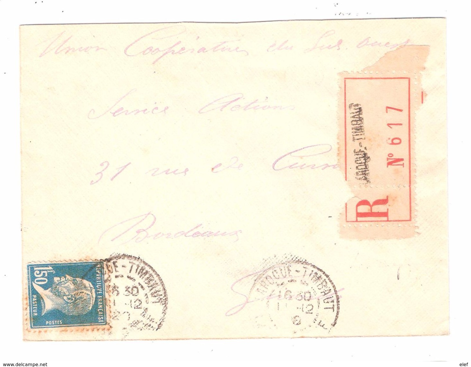 Lettre Recommandée De LAROQUE TIMBAUT, Lot Et Garonne, Type Pasteur 1 F 50 Bleu N° 181 Seul > Bordeaux , 1926, TB - Postal Rates