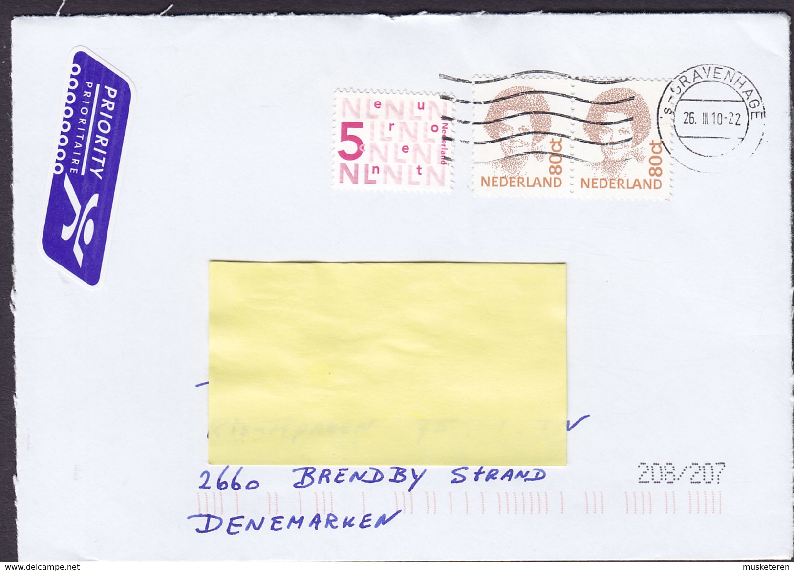 Netherlands PRIORITY Prioritaire Label 's-GRAVENHAGE 2010 Cover Brief BRØNDBY STRAND Denmark Beatrix Stamps - Brieven En Documenten