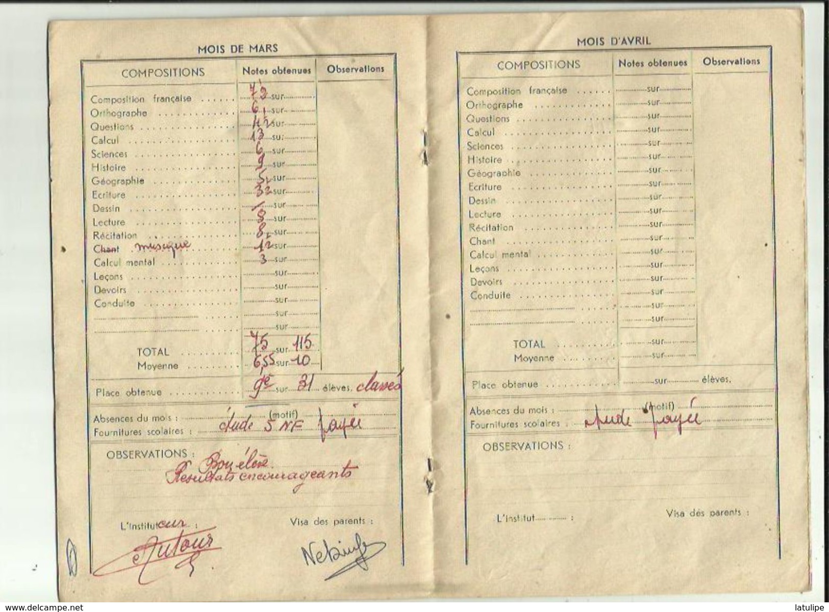 Ecole Pulique De Mr Joseph Le Brise _Carnet  Correspondance Eleve NEBINGER Gilles Année 1961-62 Voir Scan - Diploma & School Reports