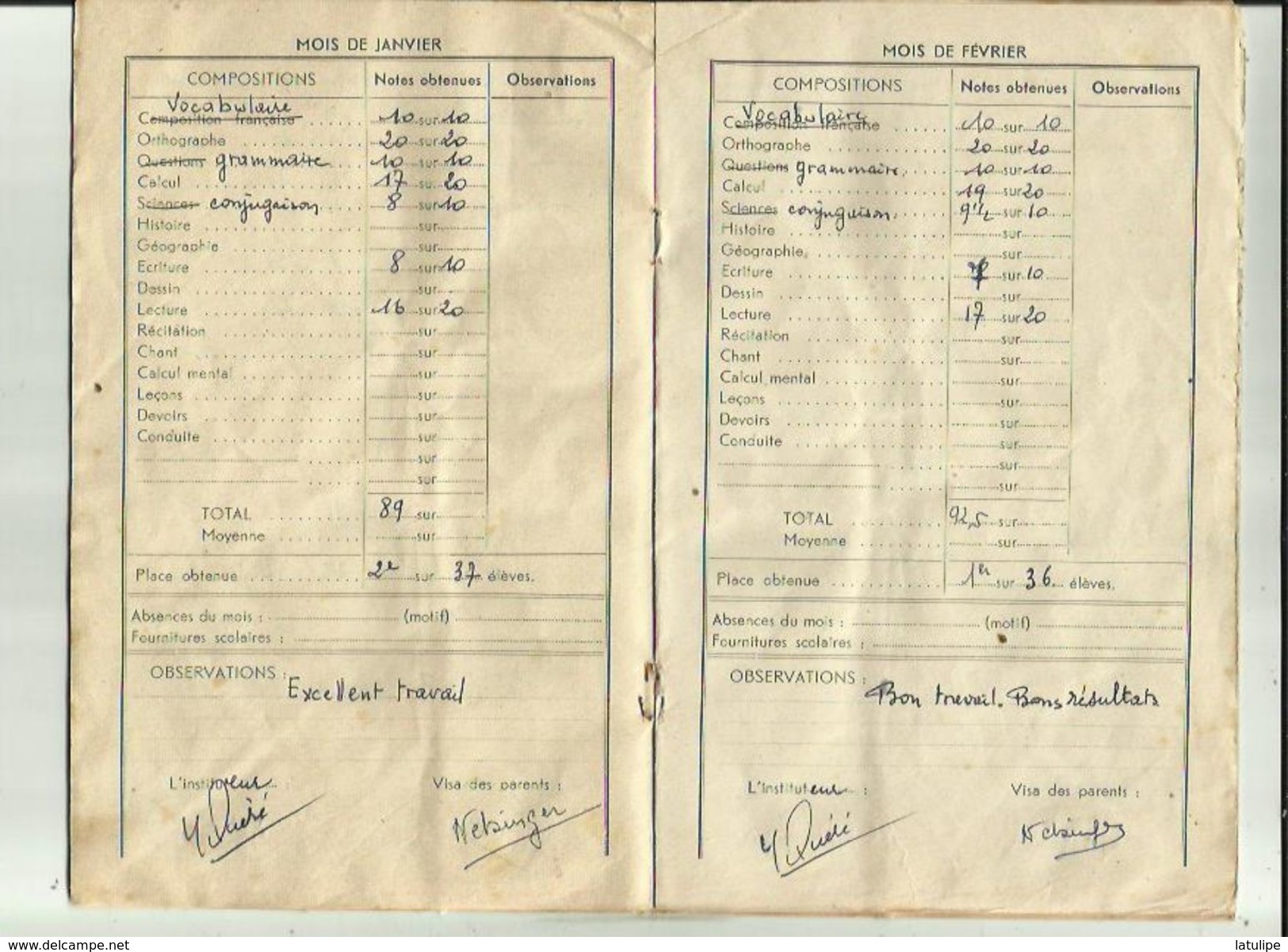 Ecole Pulique De Mr Joseph Le Brix _Carnet  Correspondance Eleve NEBINGER Gilles Année 1959-60 Voir Scan - Diploma & School Reports
