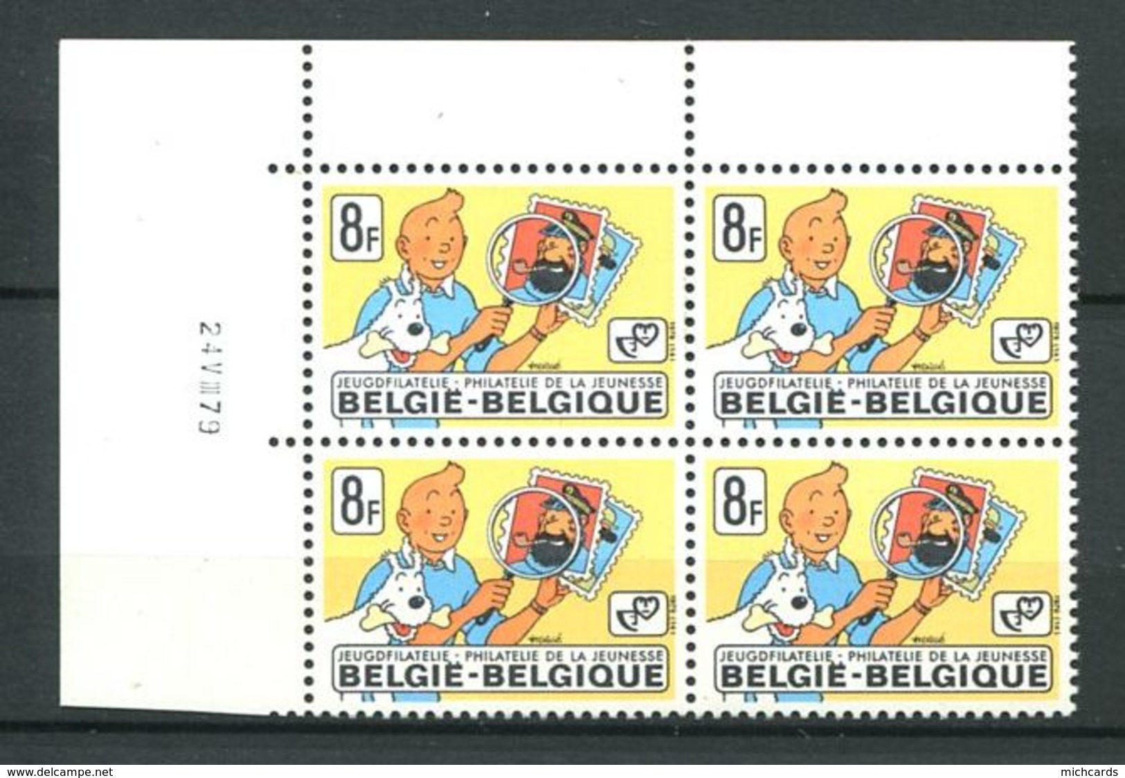 104 BELGIQUE 1979 - Yvert 1939 X 4 Coin Date - Tintin Jeunesse Loupe Timbre - Neuf ** (MNH) Sans Trace De Charniere - Unused Stamps