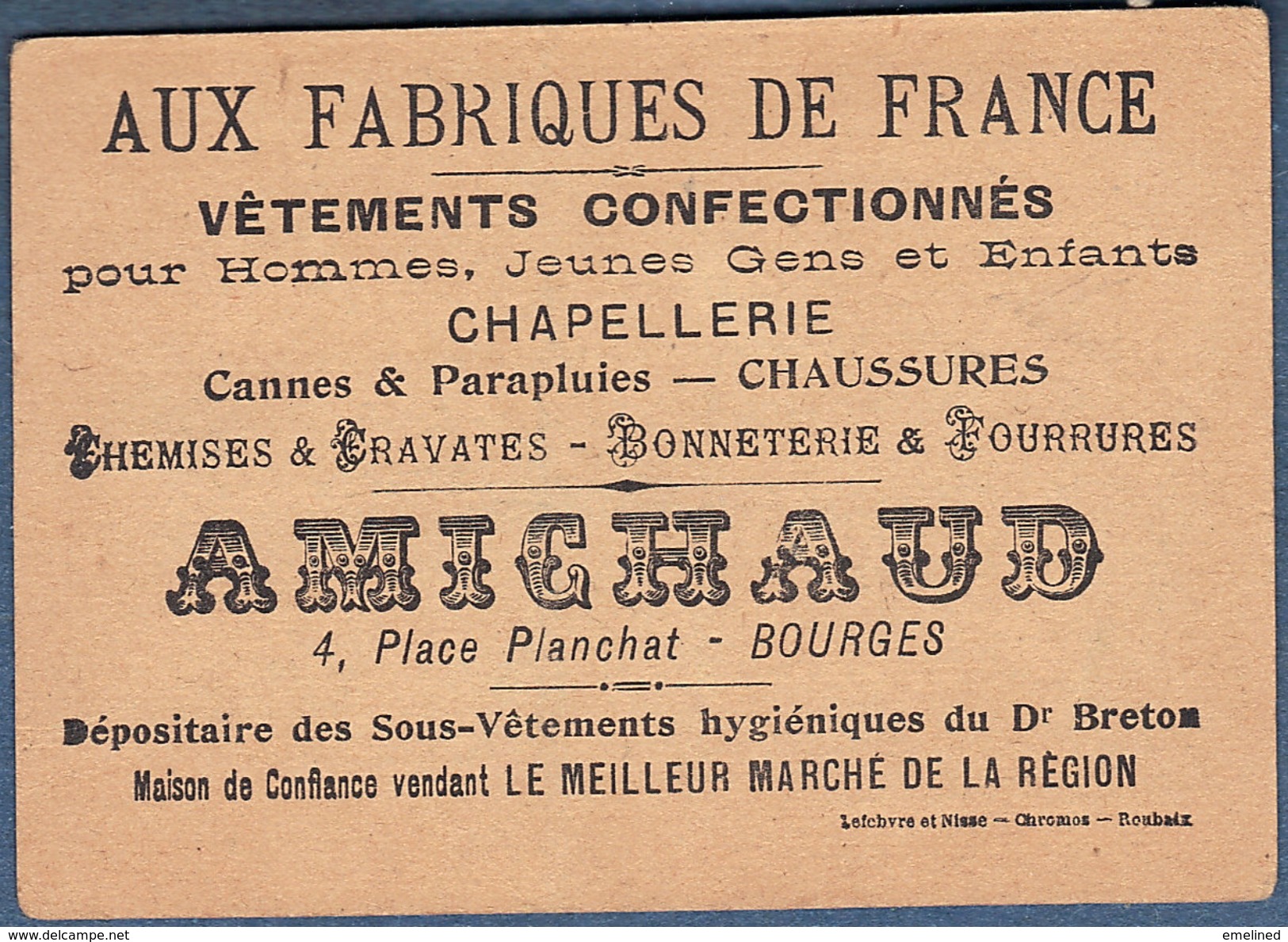 Chromo Chapellerie Aux Fabriques De France Amichaud Bourges Humour Dessin Lampuré Guerre De 1870 Lampe Couple Ministre - Other & Unclassified