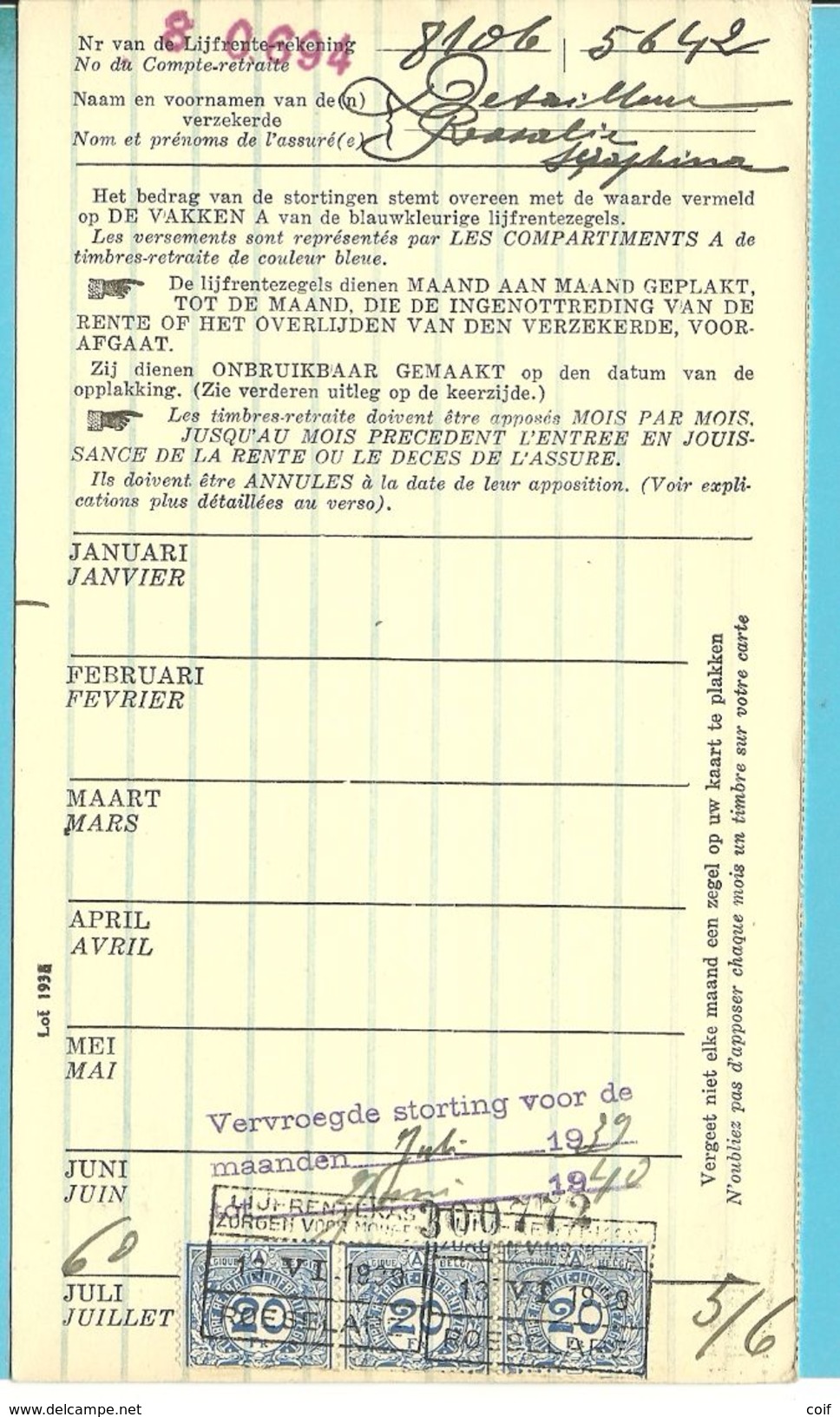 Dokument Met Zegels LIJFRENTEZEGEL / Timbres De Retraite Met Privestempel LIJFRENTEKAS ROESELARE 1939 - Documenten