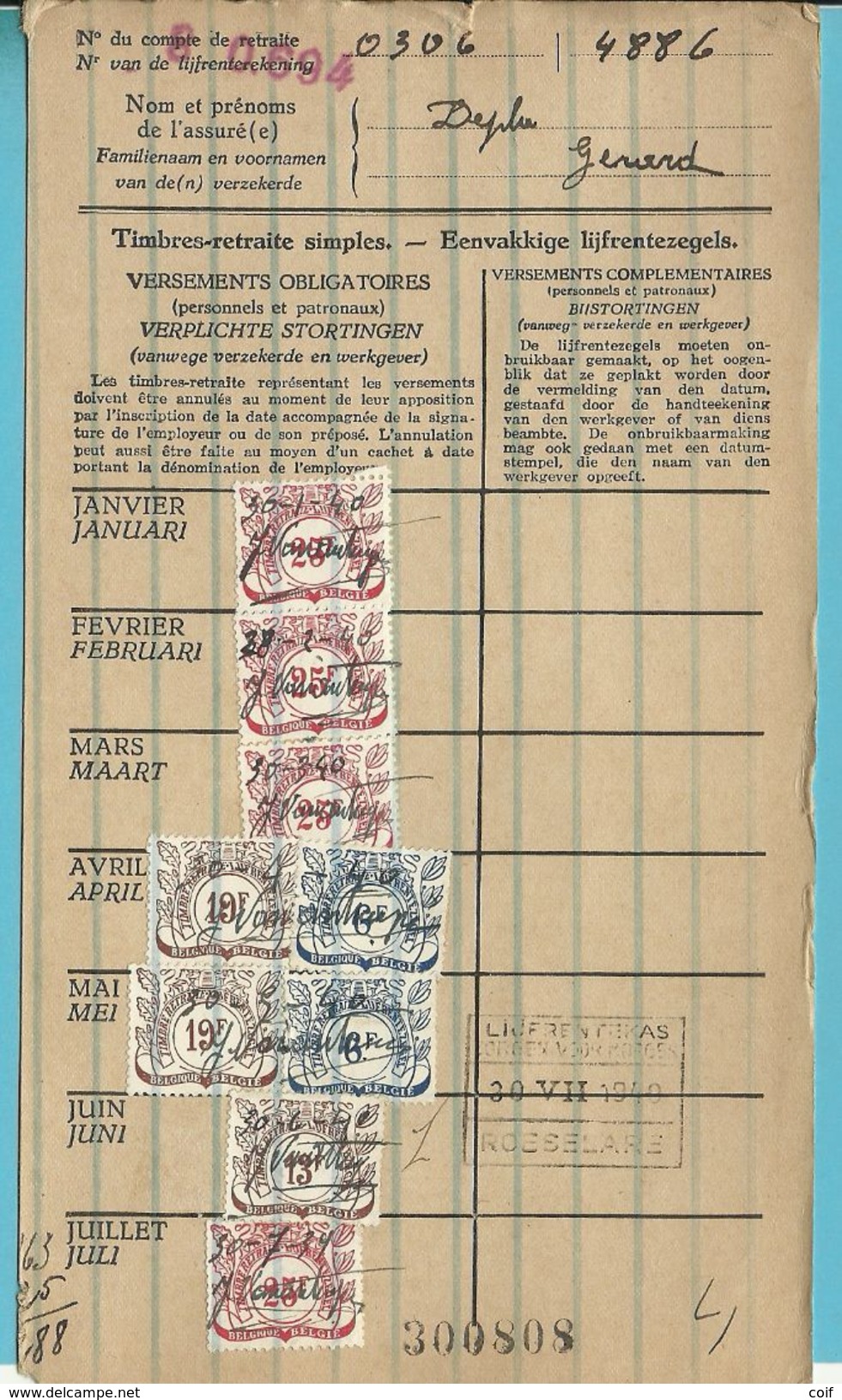 Dokument Met Zegels LIJFRENTEZEGEL / Timbres De Retraite Met Privestempel LIJFRENTEKAS ZORGEN VOOR.  / ROESELARE 1939-40 - Documents