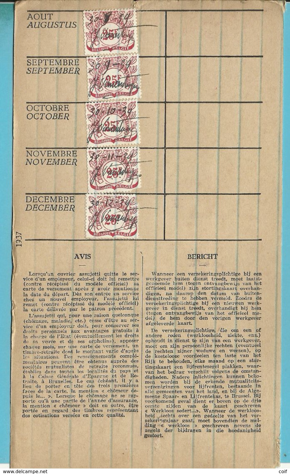 Dokument Met Zegels LIJFRENTEZEGEL / Timbres De Retraite Met Privestempel LIJFRENTEKAS ZORGEN VOOR.  / ROESELARE 1939-40 - Documents