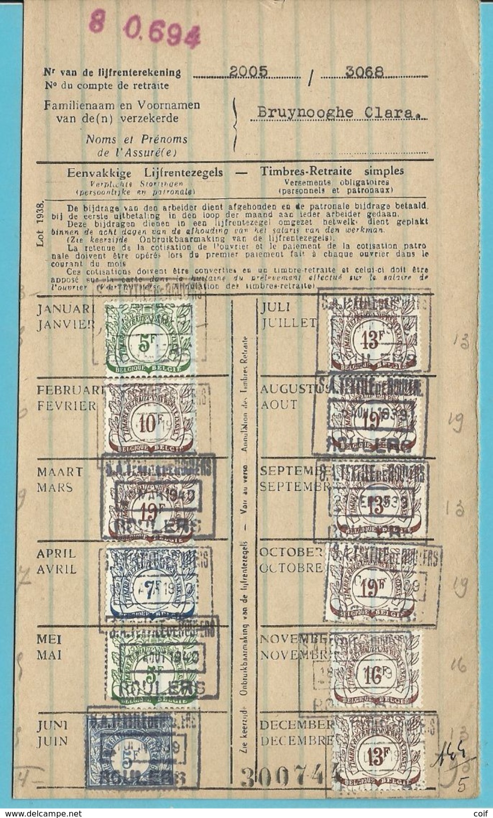 Dokument Met Zegels LIJFRENTEZEGEL / Timbres De Retraite Met Privestempel TEXTIEL DE  / ROULERS 1939-40 - Documents