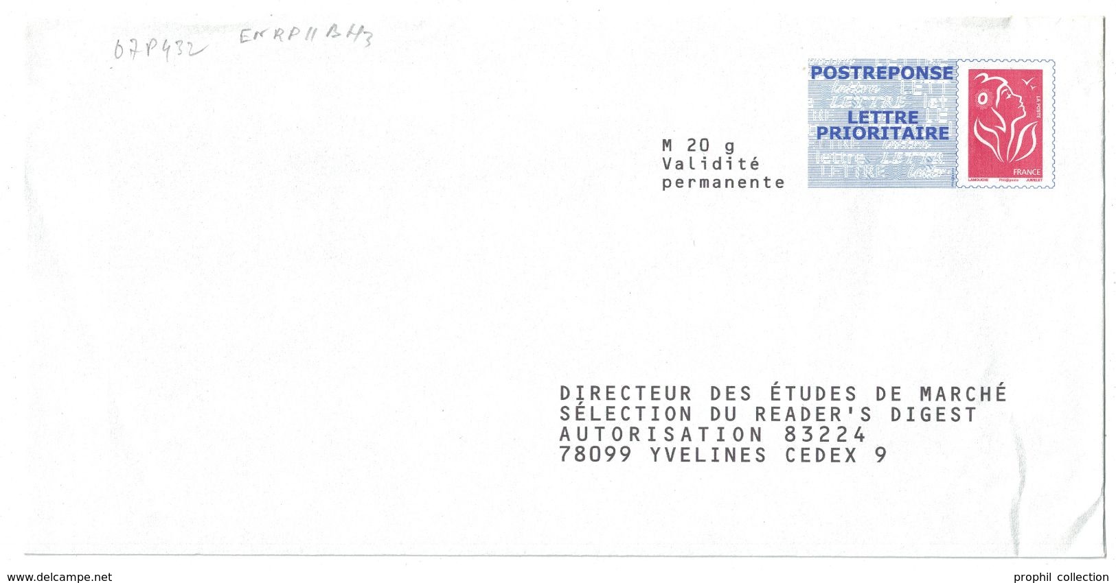 ENVELOPPE-REPONSE ENTIER POSTAL POSTREPONSE Type LAMOUCHE READER'S DIGEST ETUDES MARCHÉ PAP NEUF - Prêts-à-poster: TSC Et Repiquages Semi-officiels