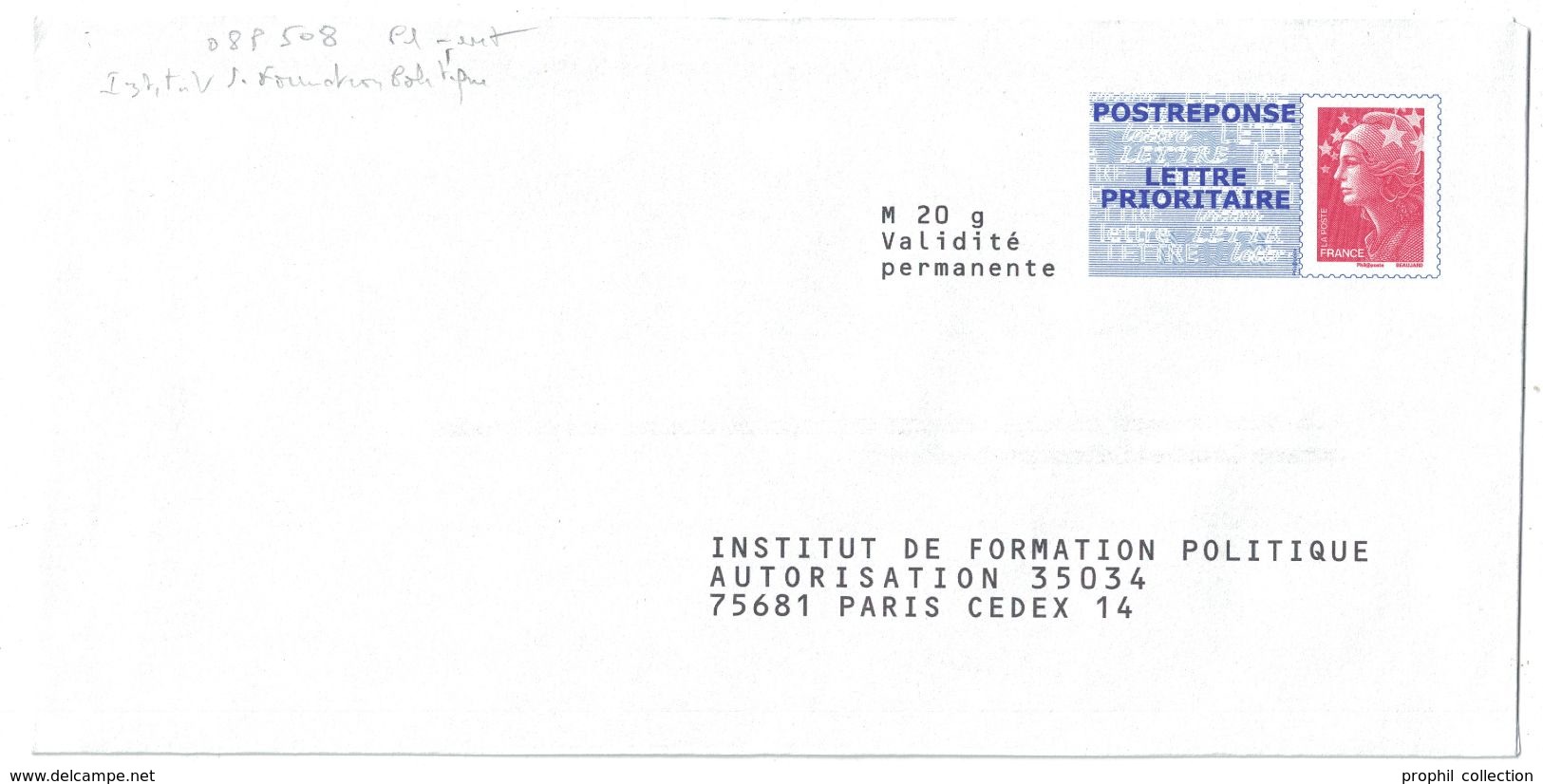 ENVELOPPE-REPONSE ENTIER POSTAL POSTREPONSE Type BEAUJARD INSTITUT DE FORMATION POLITIQUE PAP NEUF - Listos A Ser Enviados: TSC Y Transplantados Semioficiales