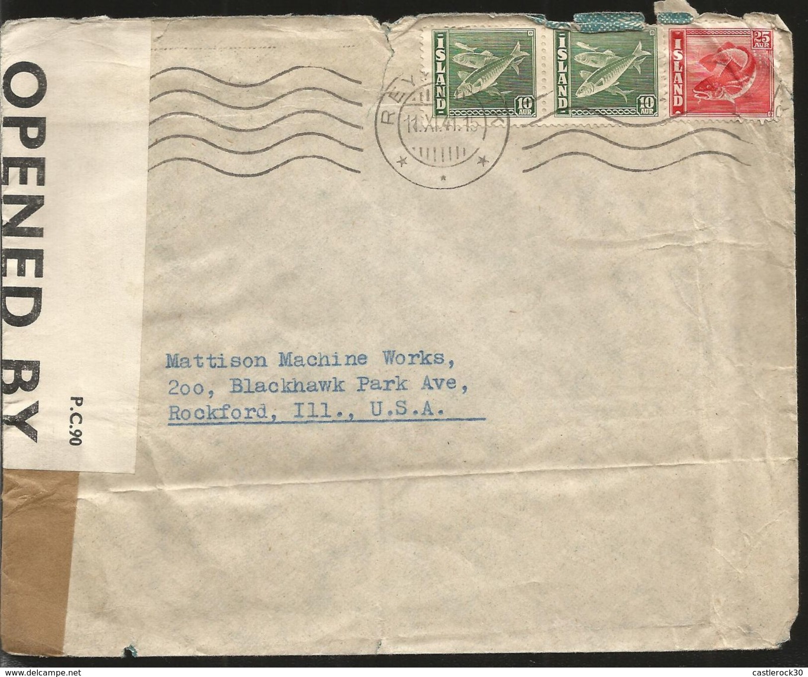 J) 1941 ICELAND, FISHES, OPENED BY EXAMINER, MULTIPLE STAMPS, CIRCULATED COVER, FROM ICELAND TO USA - Lettres & Documents
