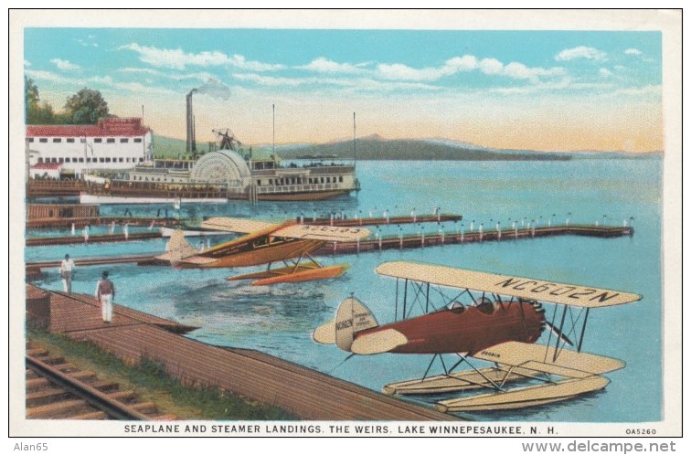 Lake Winnepesaukee New Hampshire, Seaplane &amp; Steamer Landing Docks On Lake, C1930s Vintage Postcard - Other & Unclassified