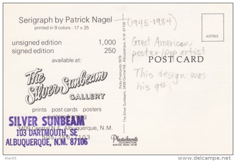 Albuquerque New Mexico Silver Sunbeam Art Gallery Advertisement For Patrick Nagel Serigraph, C1980s Vintage Postcard - Albuquerque