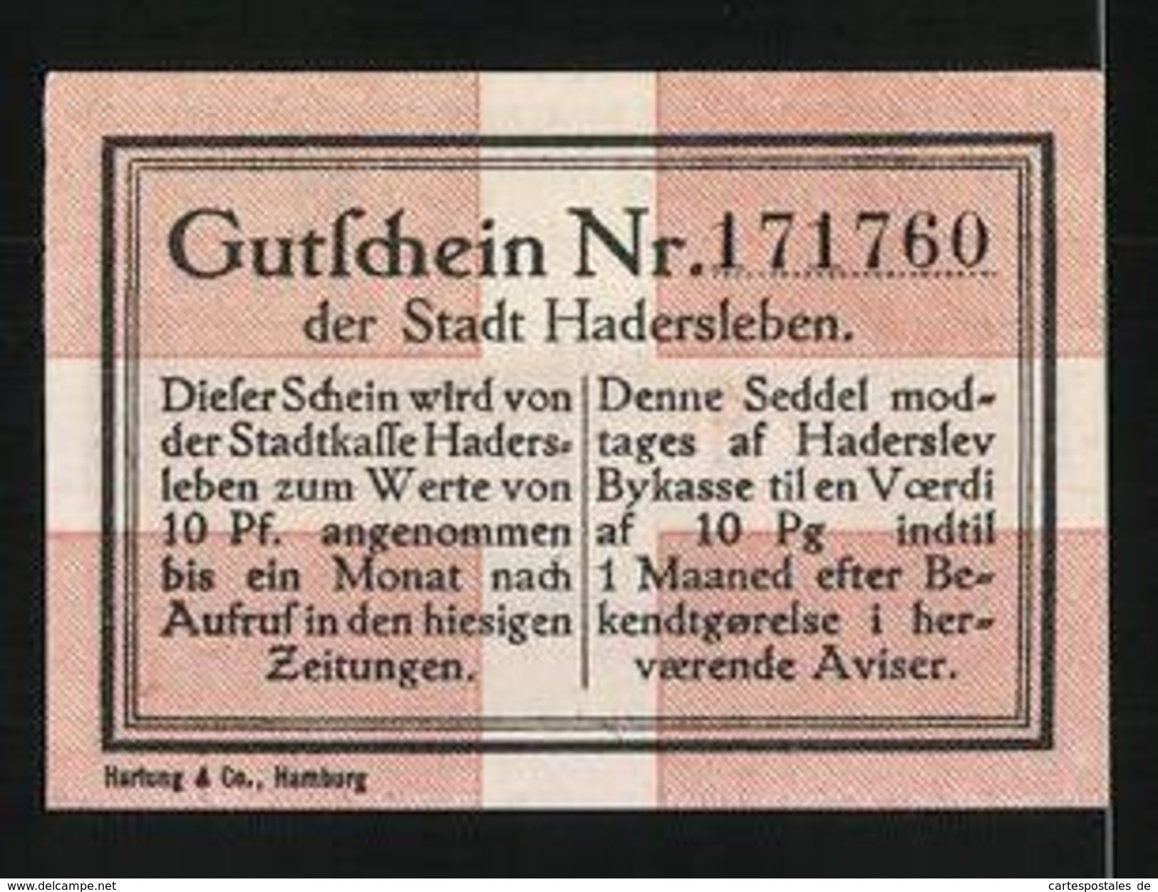 Billet De Nécessité Hadersleben 1920, 10 Pfennig, Armoiries - Danemark